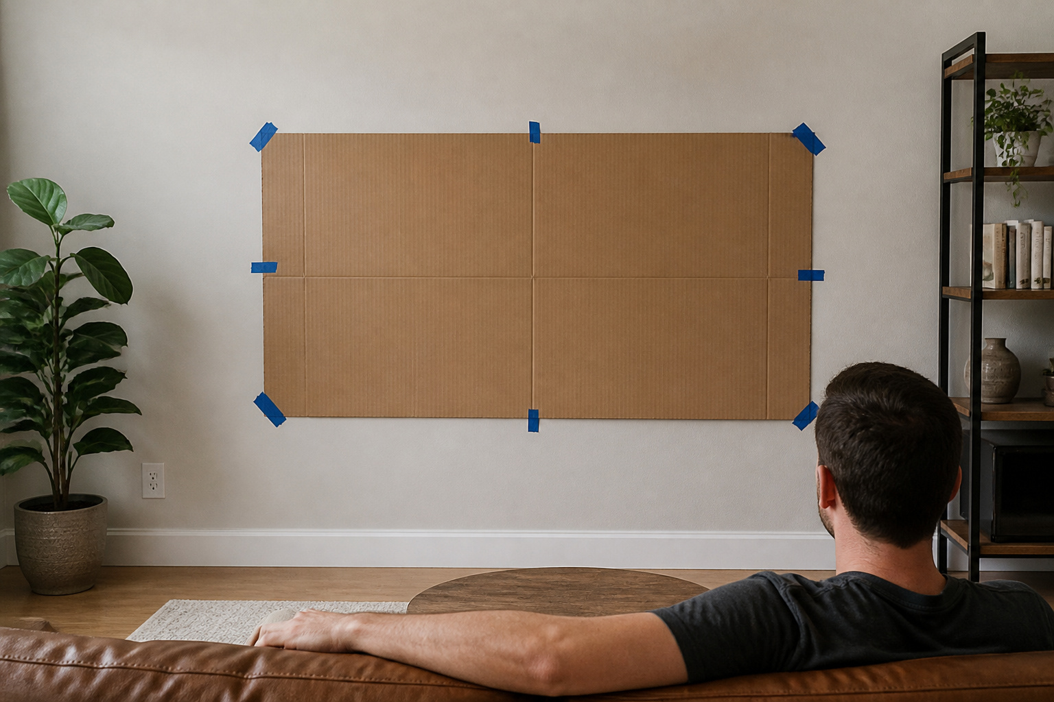 Cardboard TV template taped to a wall to test height