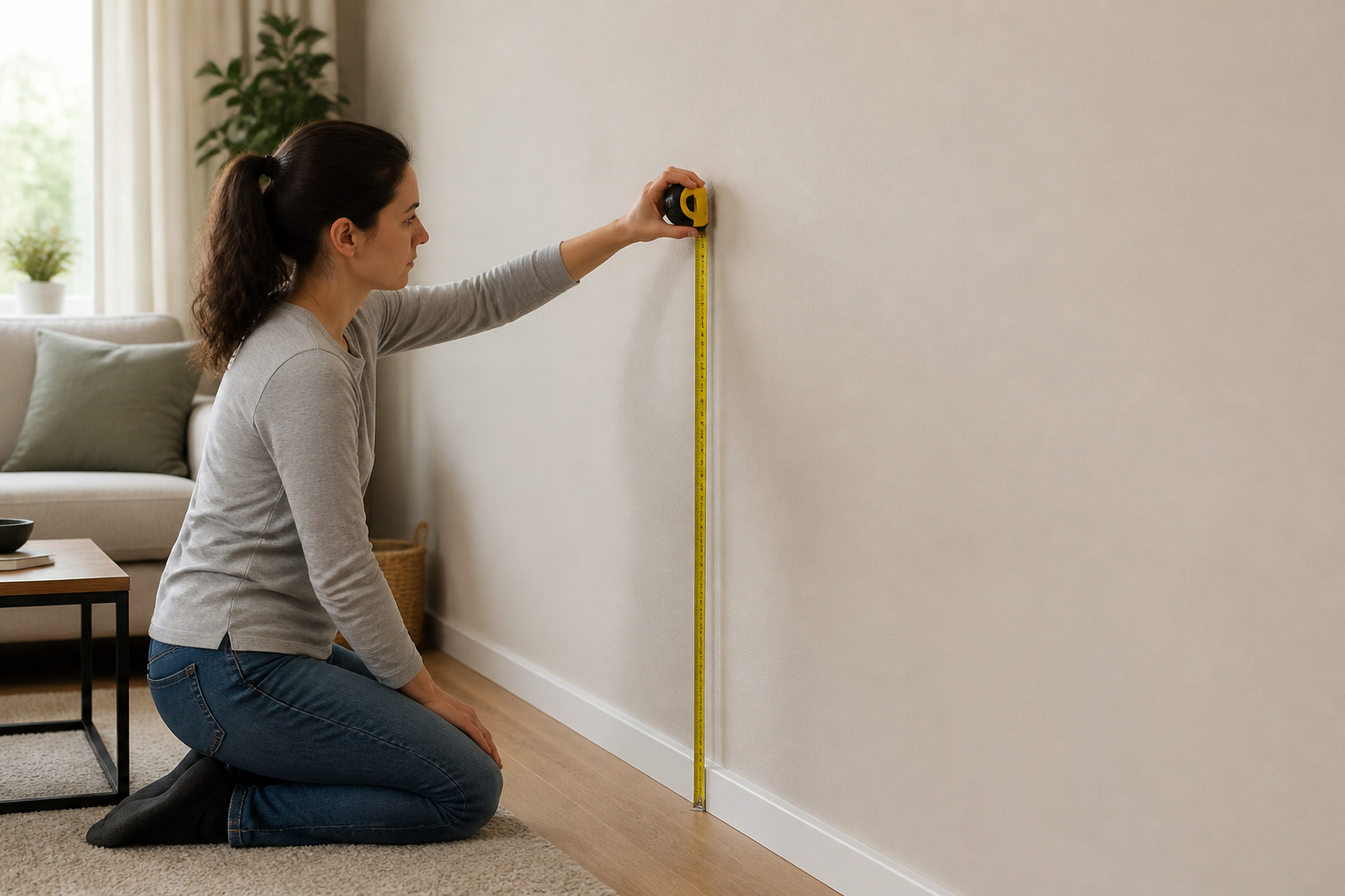Person measuring height on a living room wall