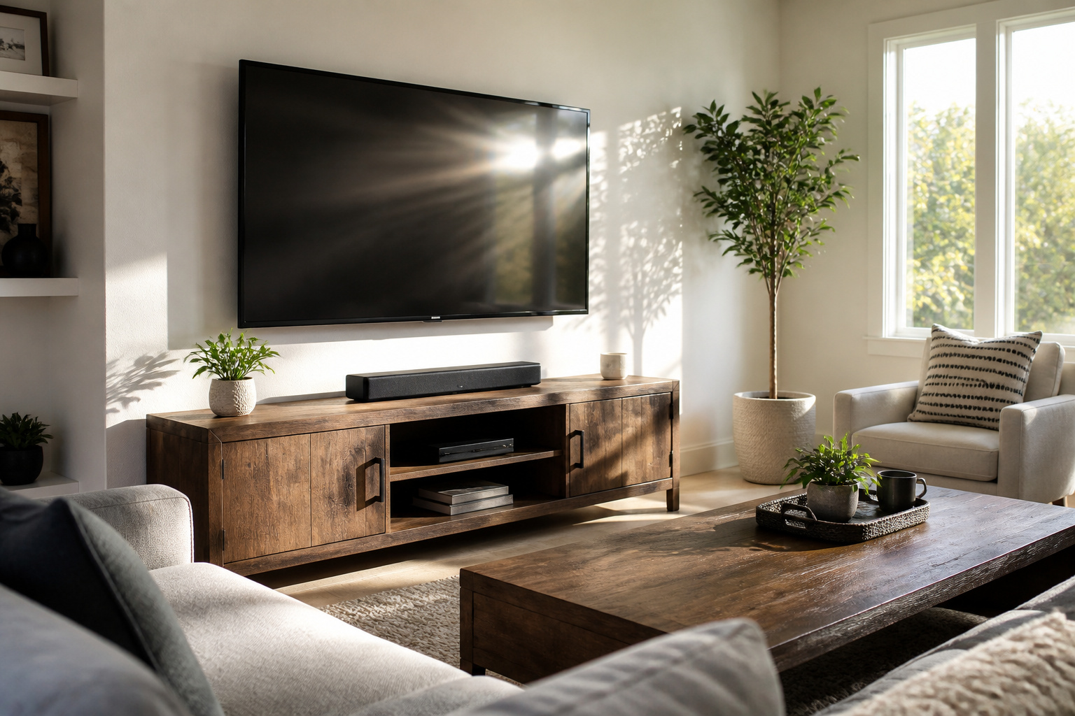 Bright sunlit living room with glare on a TV screen