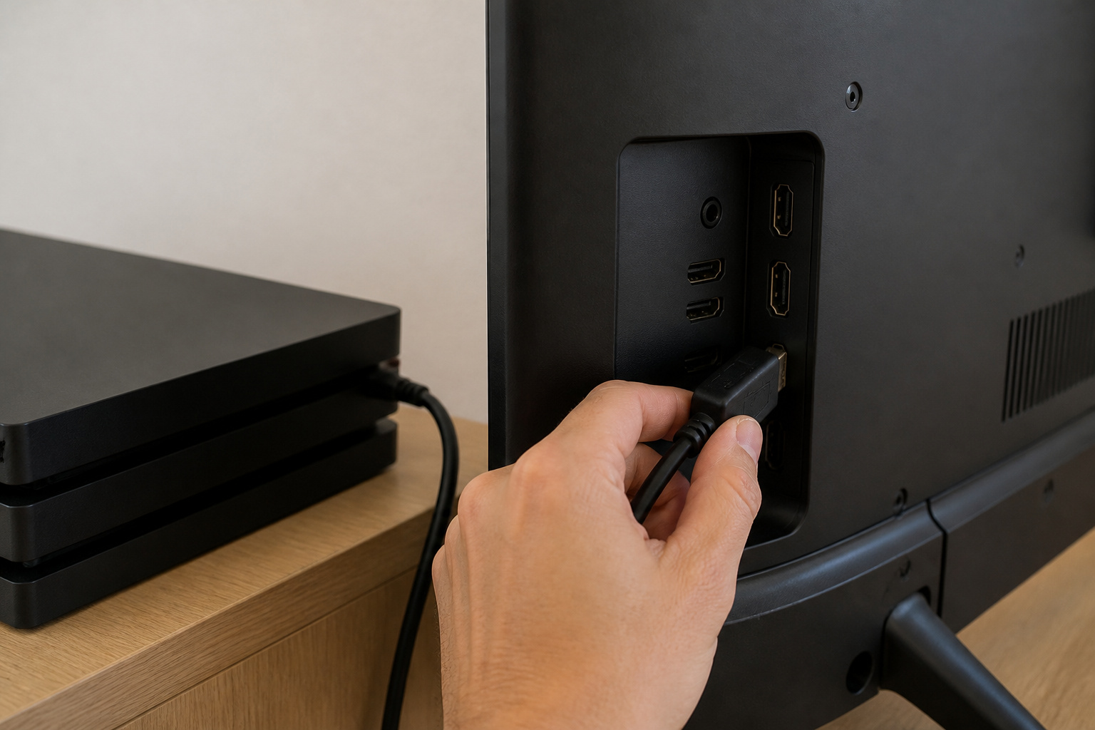 Hand adjusting an HDMI cable connected to a TV