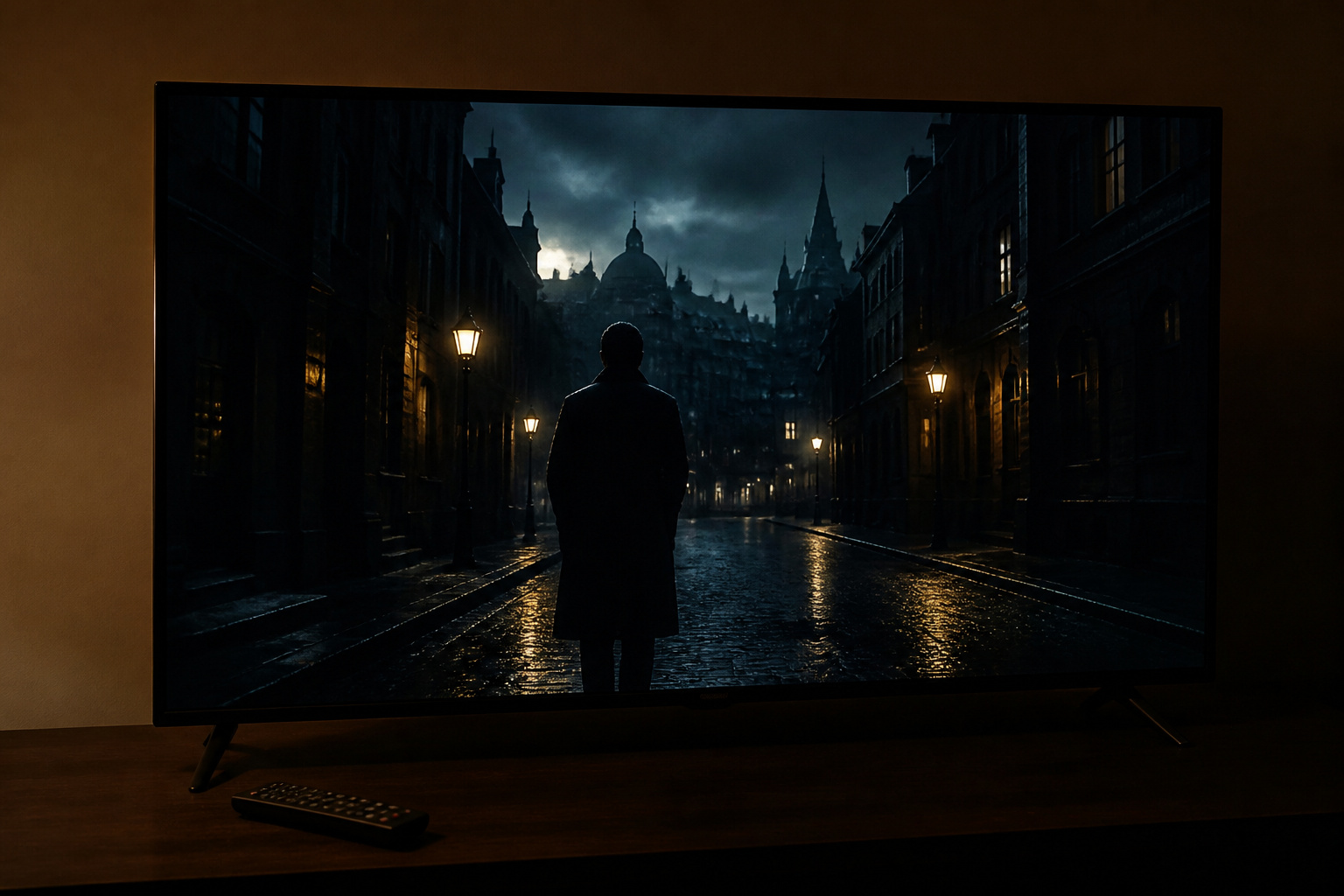 TV showing a dark HDR movie scene in a dim room