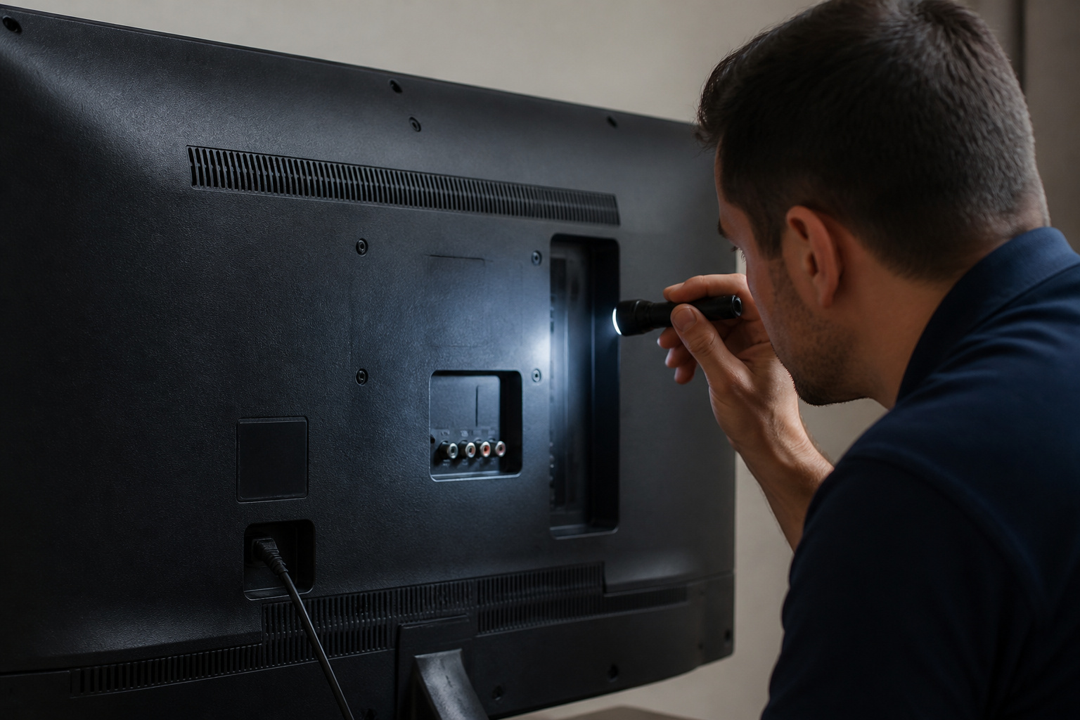 Technician inspecting the back panel of a TV