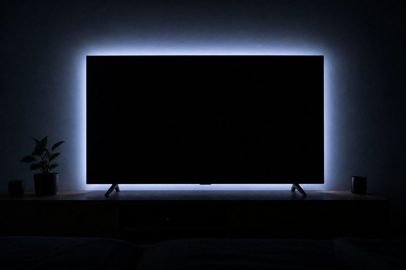 LED light strip glowing behind a TV in a dark room