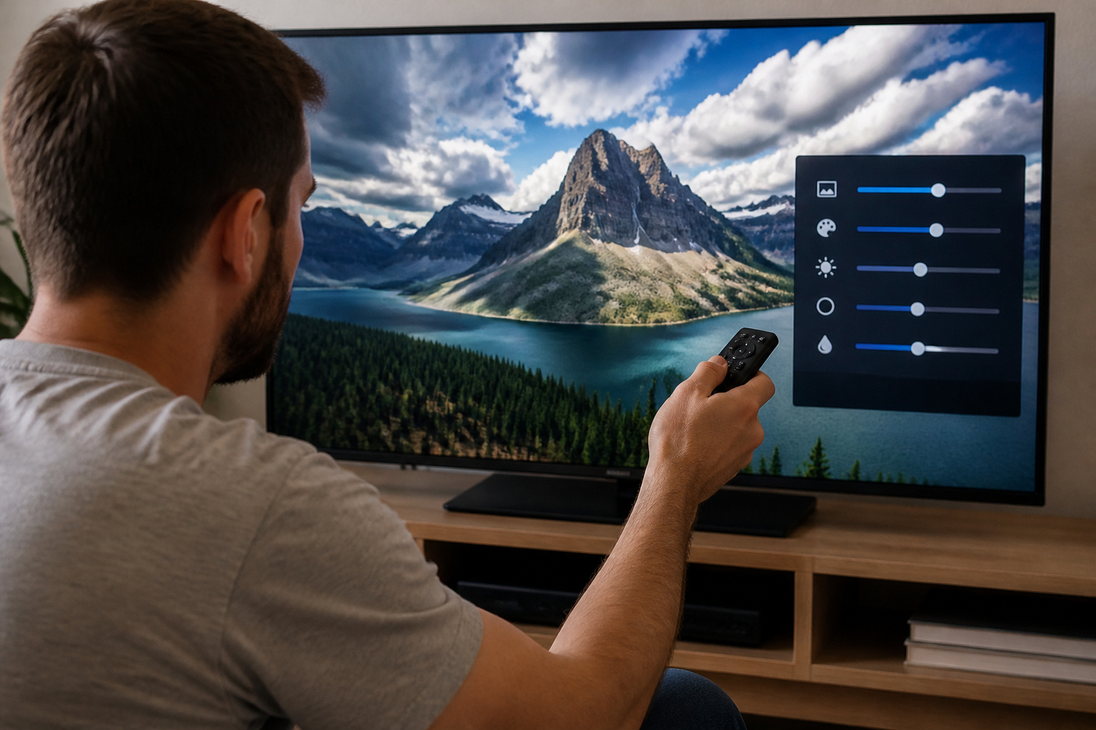 Person adjusting TV picture sliders by eye