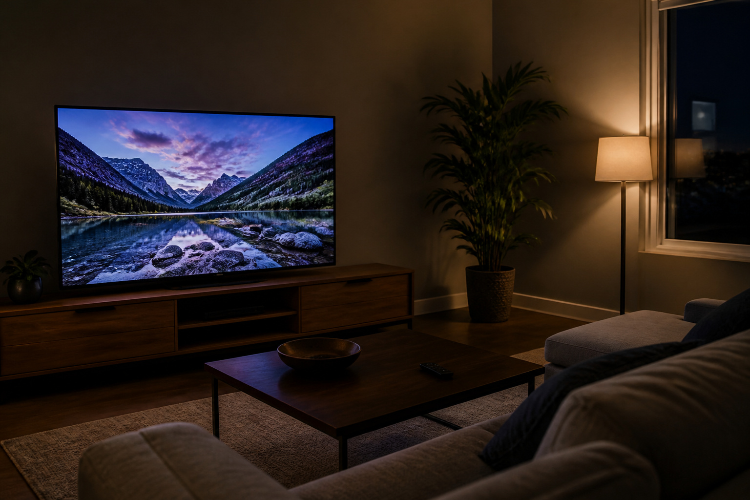 Living room in the evening with a TV at comfortable brightness