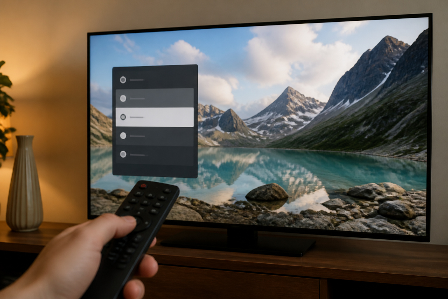 TV picture mode menu with a remote in hand