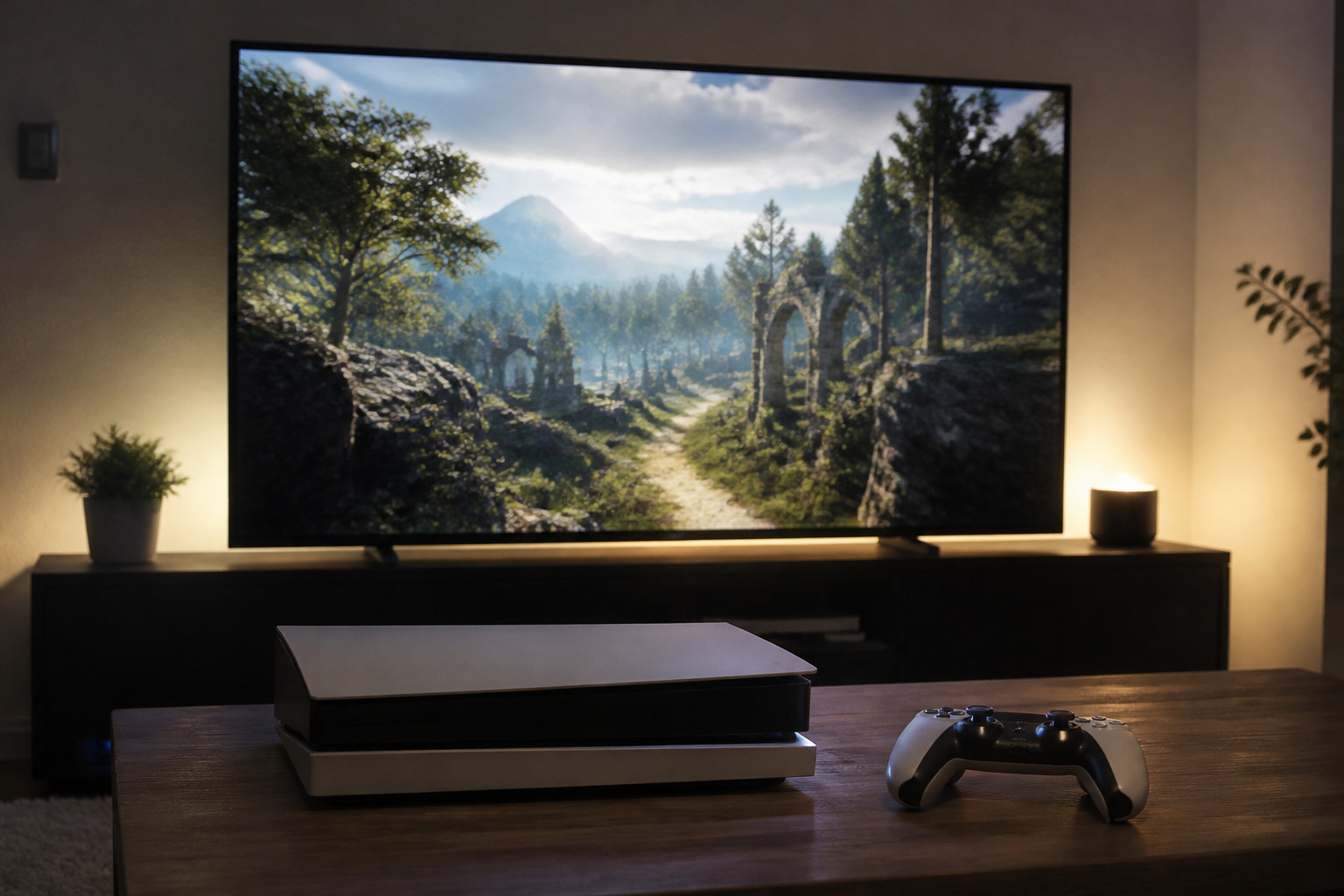 Console and controller in front of a TV showing an HDR game