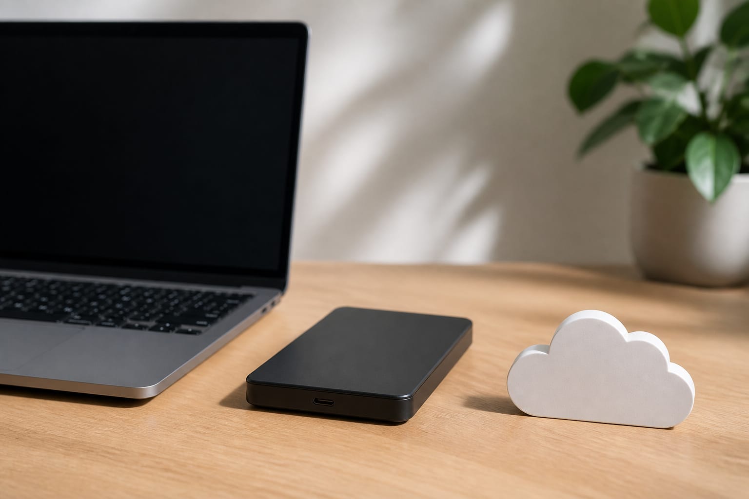 Laptop, external drive, and a paper cloud representing backup copies