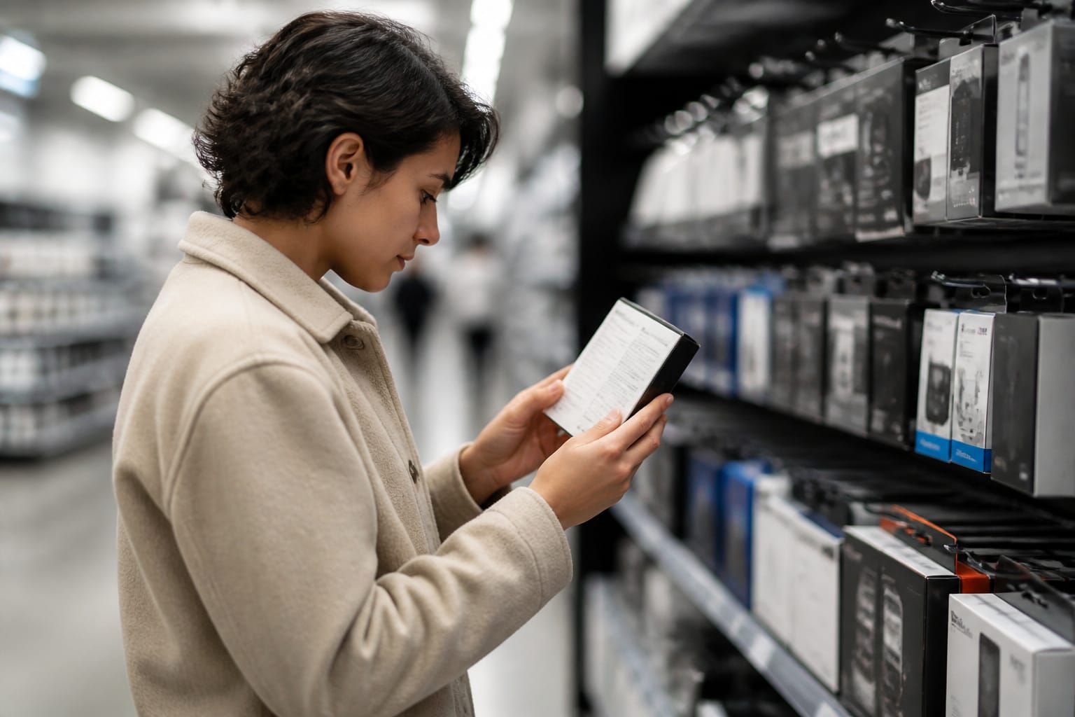 Person reading the back of an external drive box
