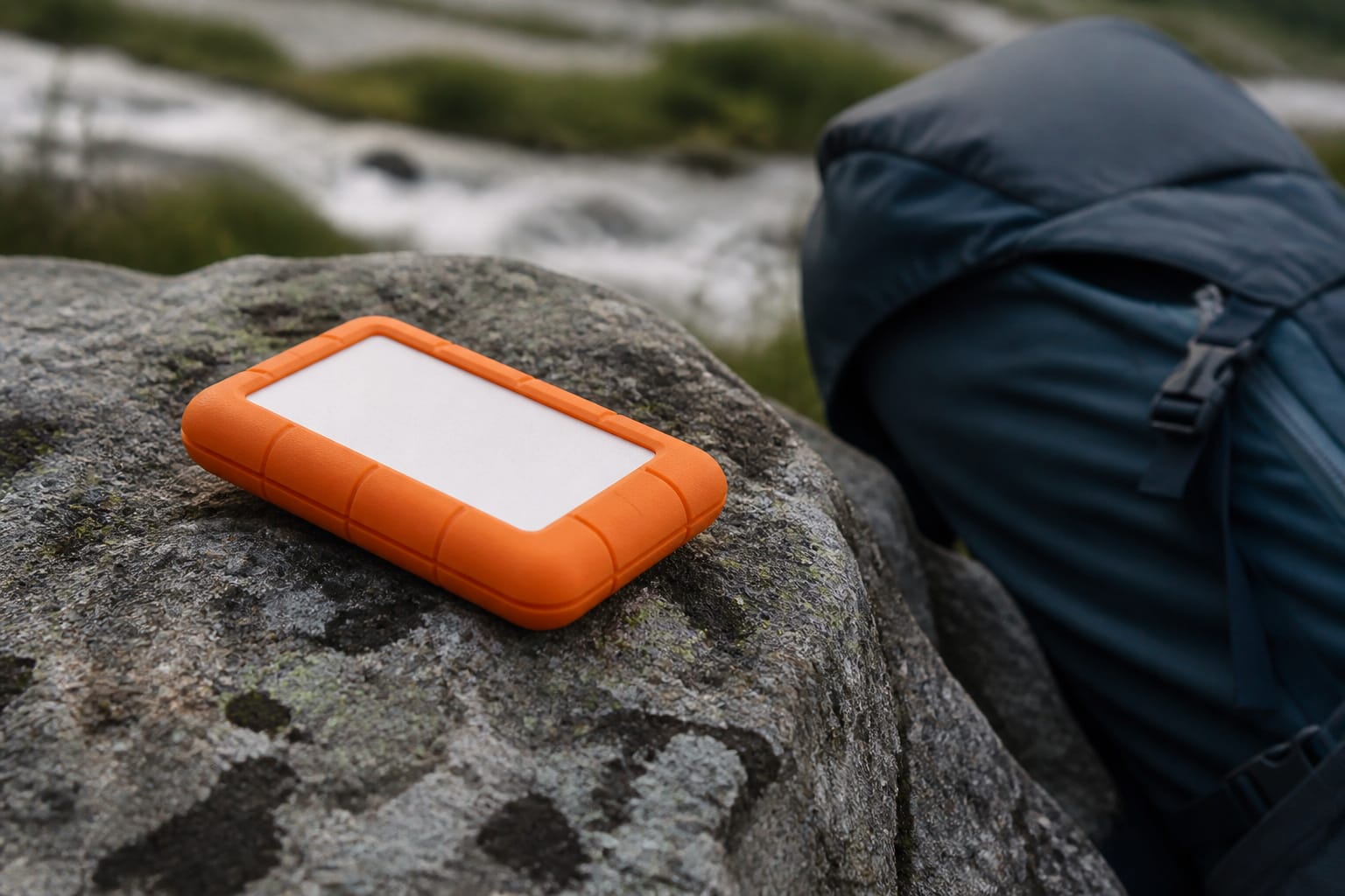 Rugged portable drive on a rock outdoors