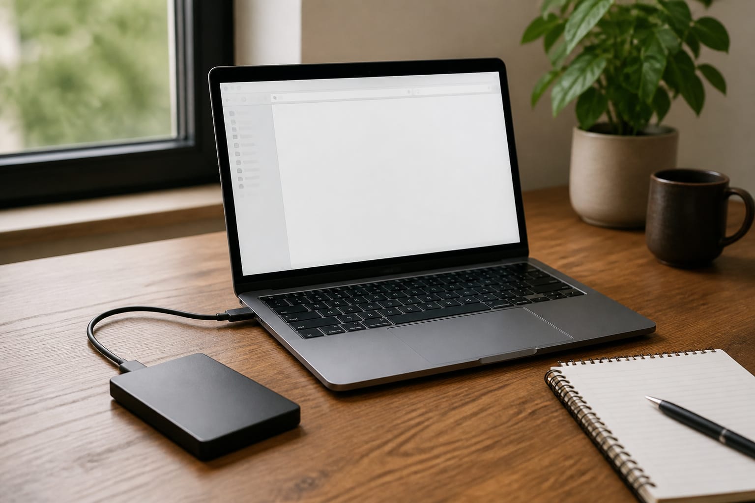 External drive connected to a laptop with a folder window open