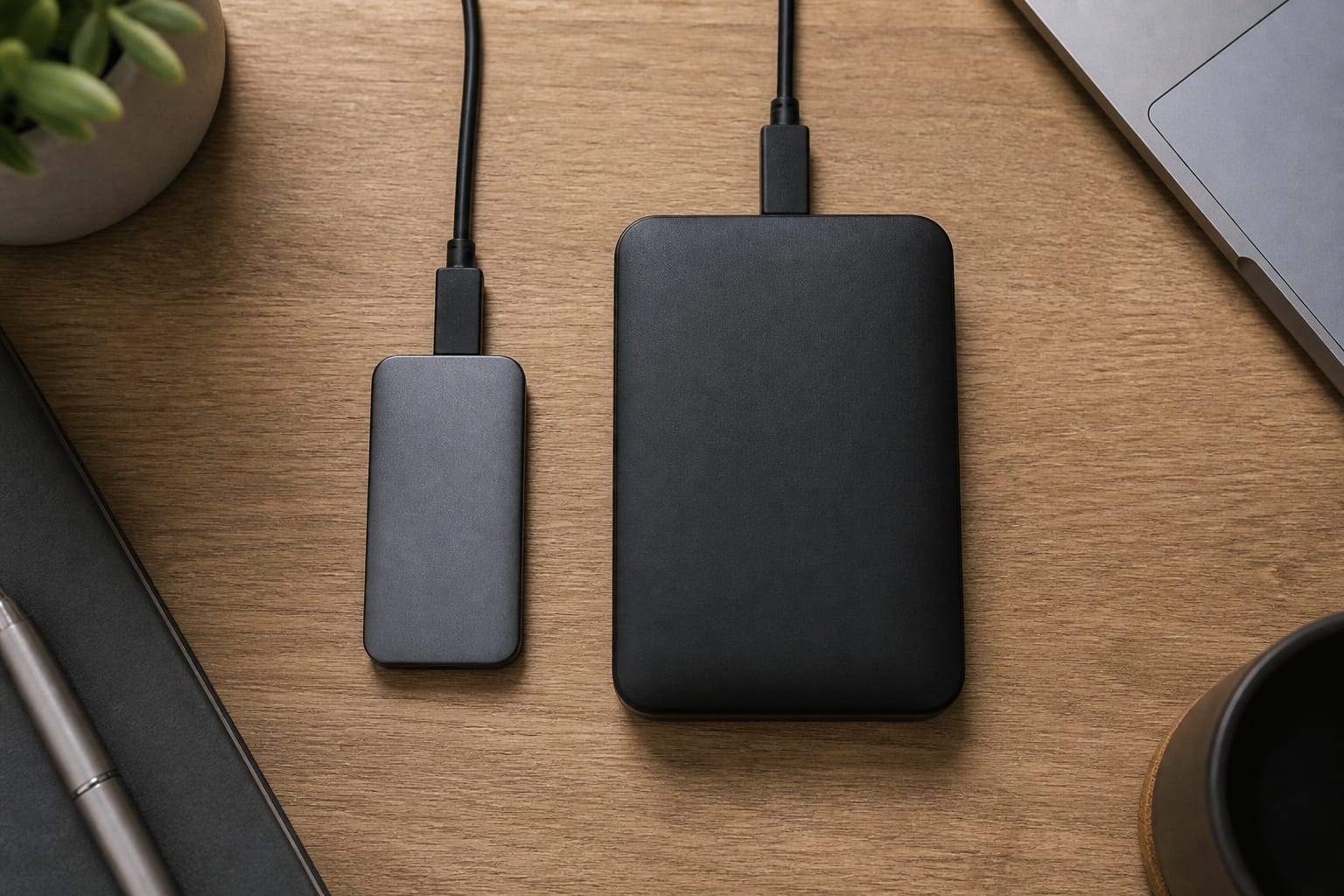 Small external SSD next to a larger external hard drive