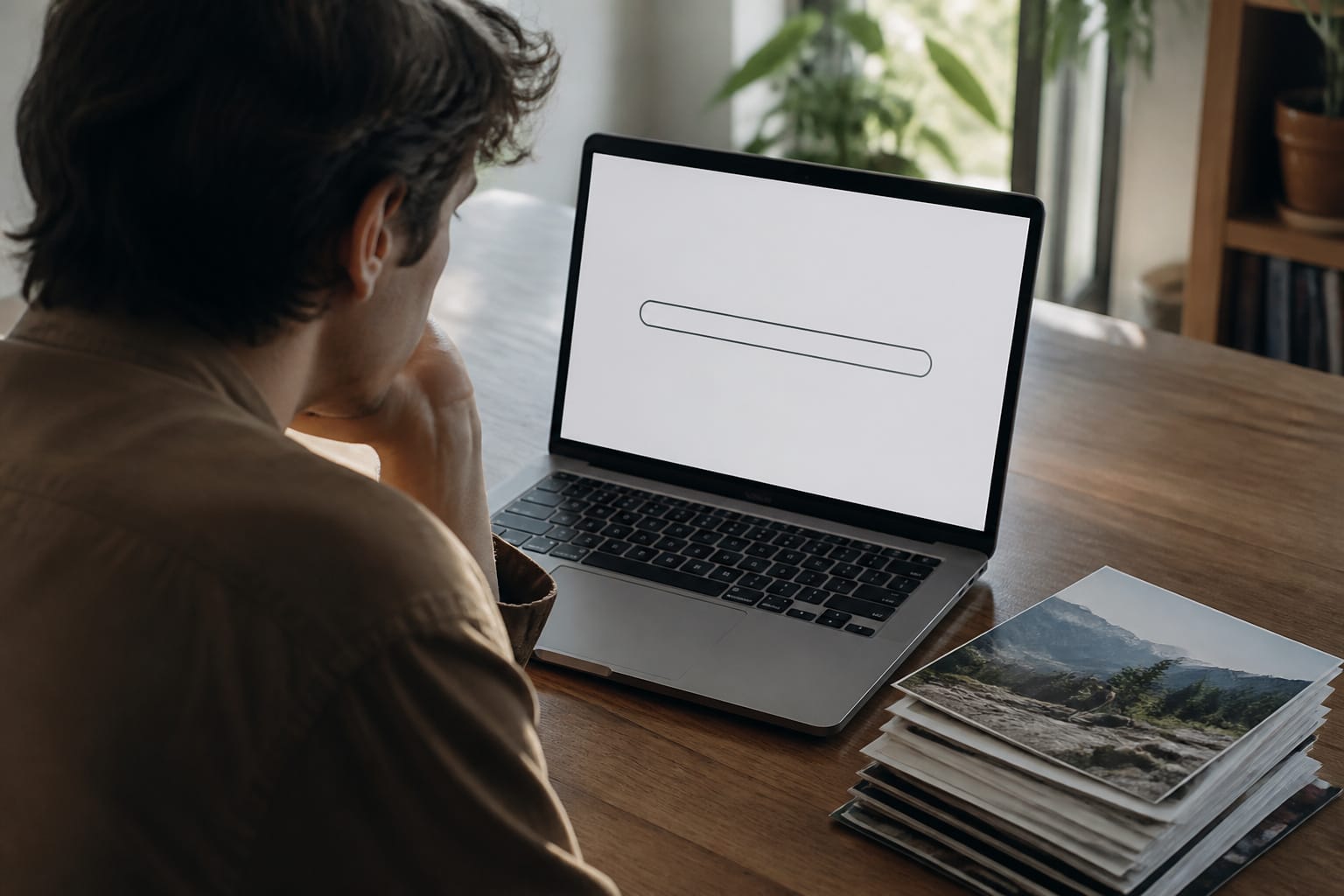 Person looking at a laptop storage bar beside printed photos