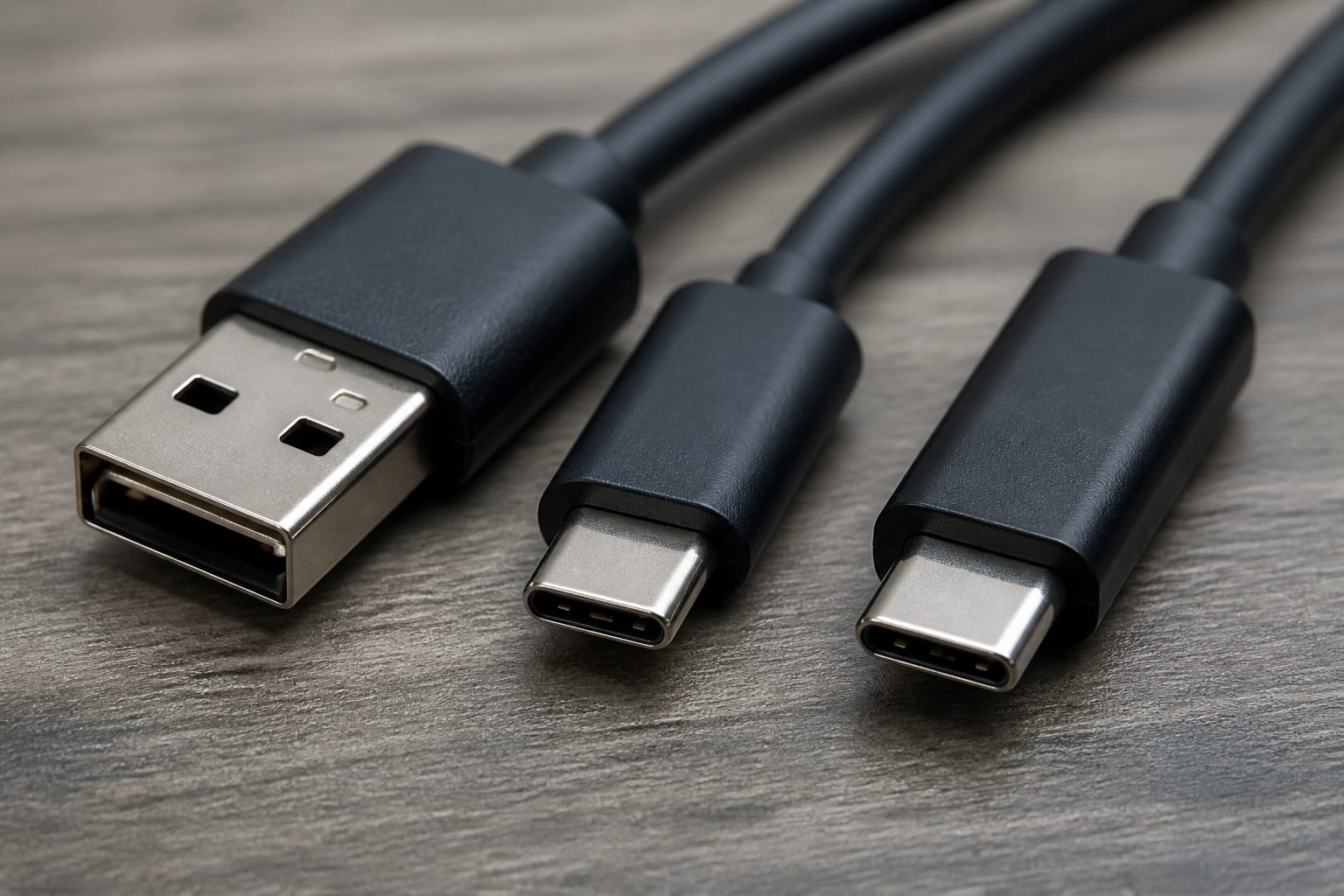 USB-A, USB-C, and Thunderbolt cable ends on a desk