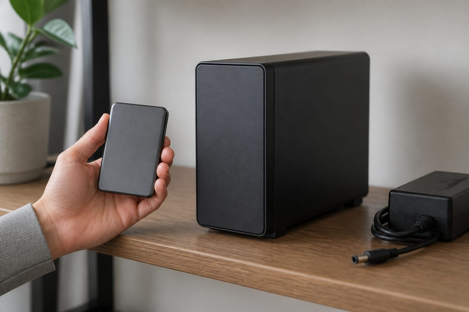 Portable drive in a hand beside a larger desktop drive