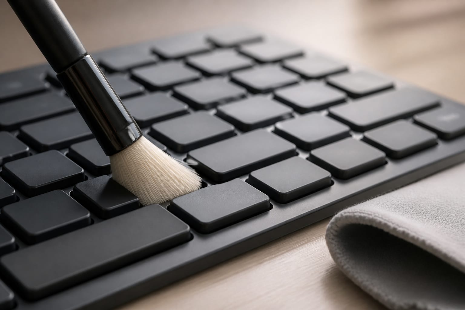 Cleaning between keyboard keys with a soft brush
