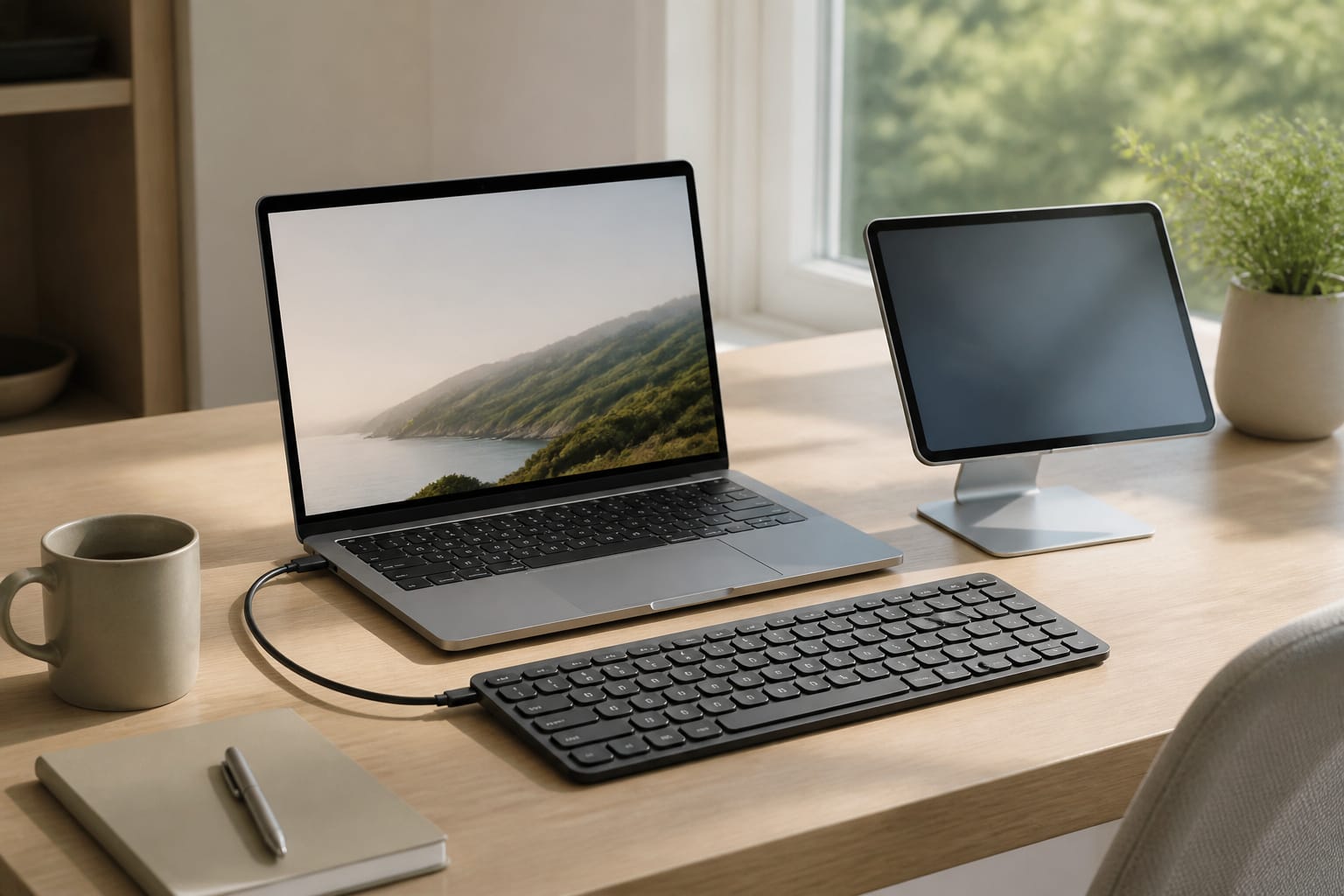 Keyboard connected to a laptop with a tablet beside it
