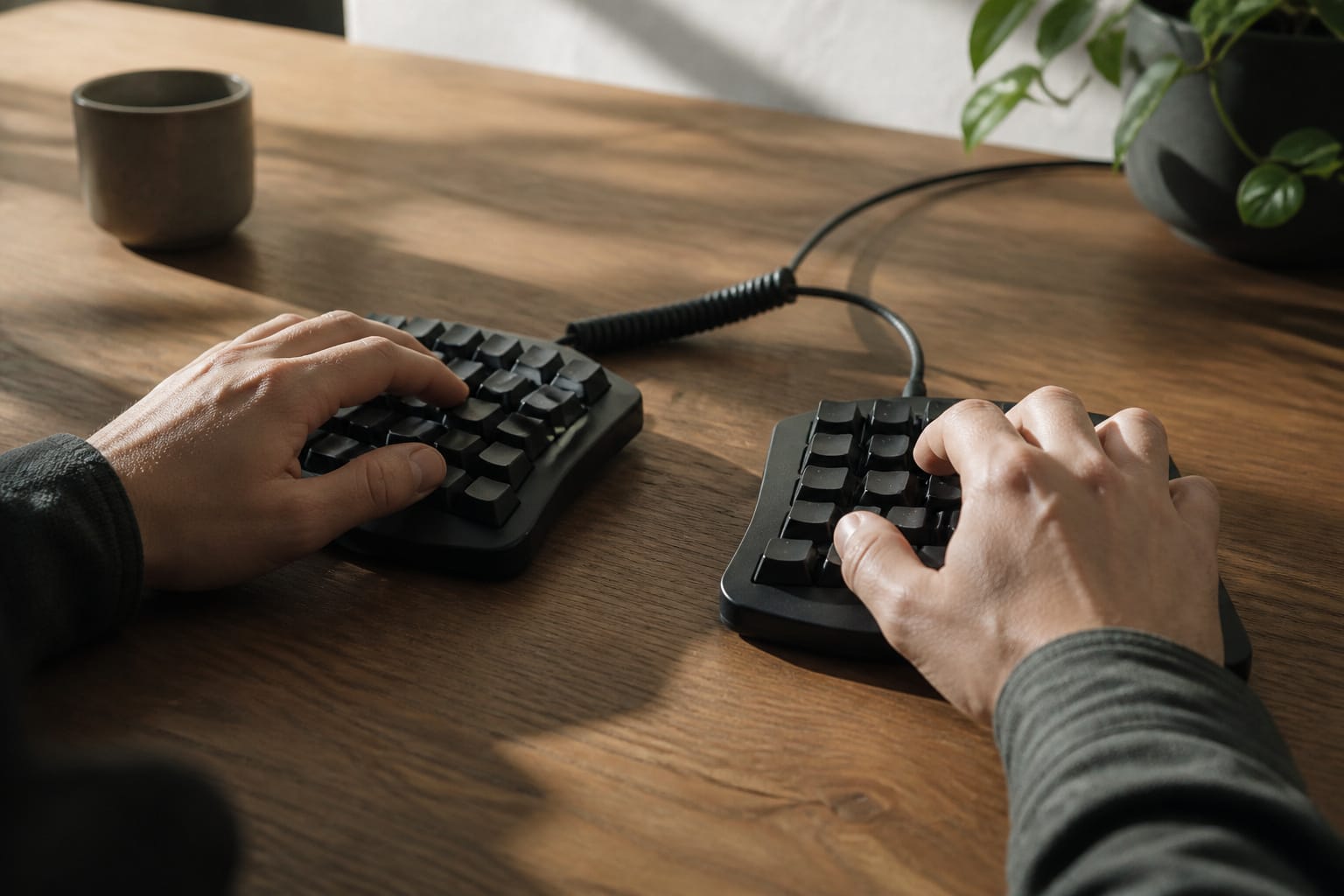 Hands resting on a split ergonomic keyboard