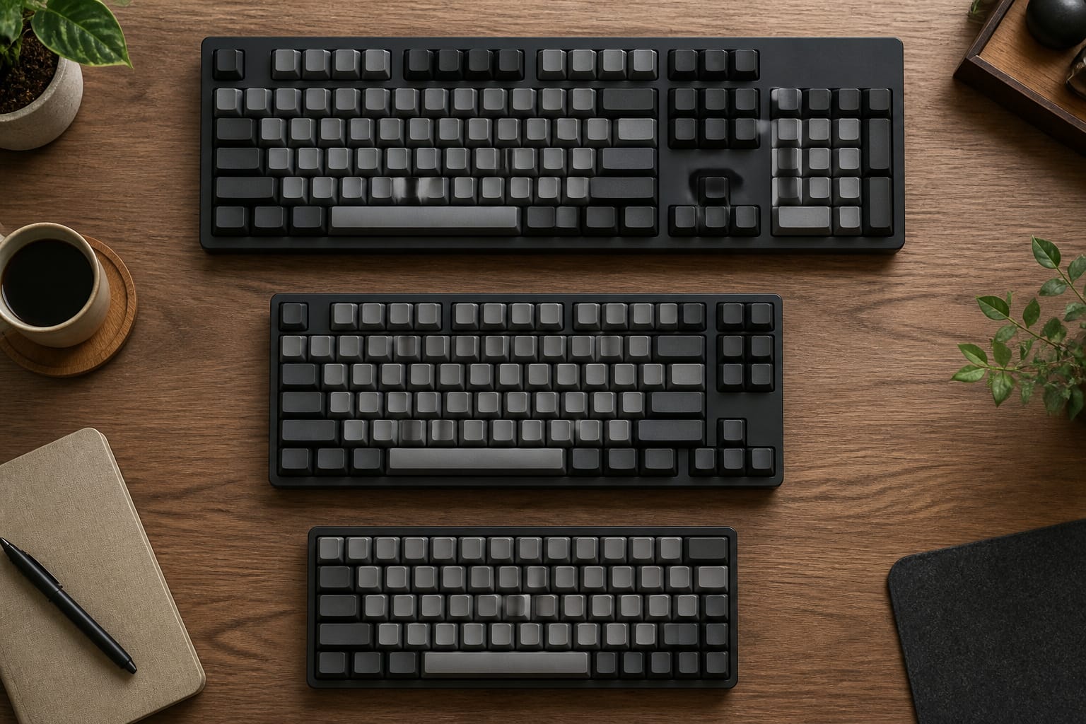 Three keyboards of different sizes lined up on a desk