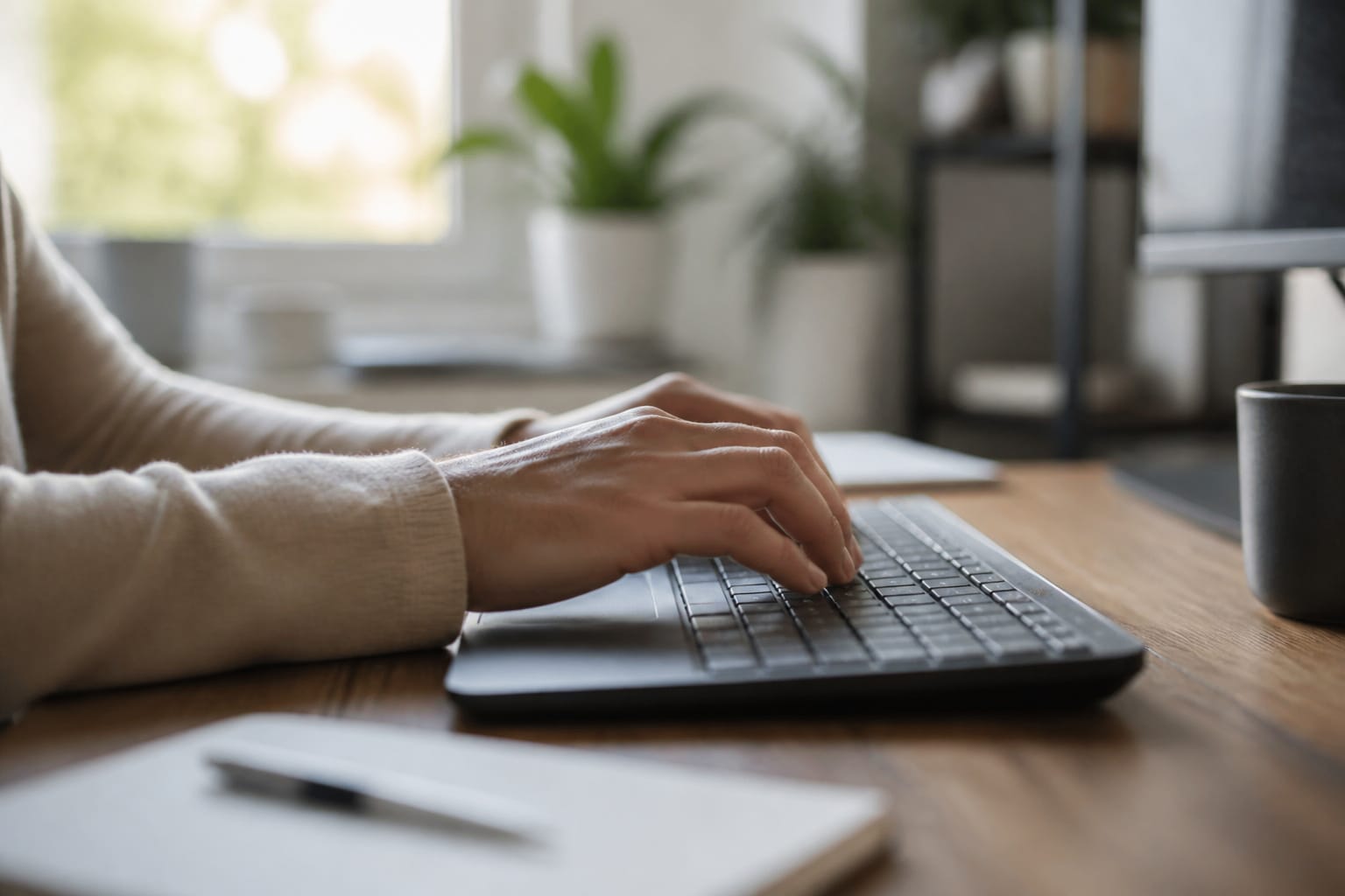 Hands typing on a keyboard at a desk