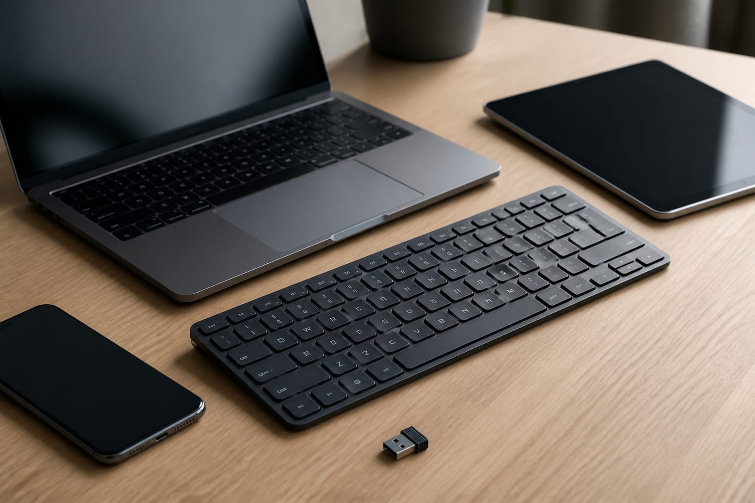 Keyboard beside a laptop, tablet, and phone