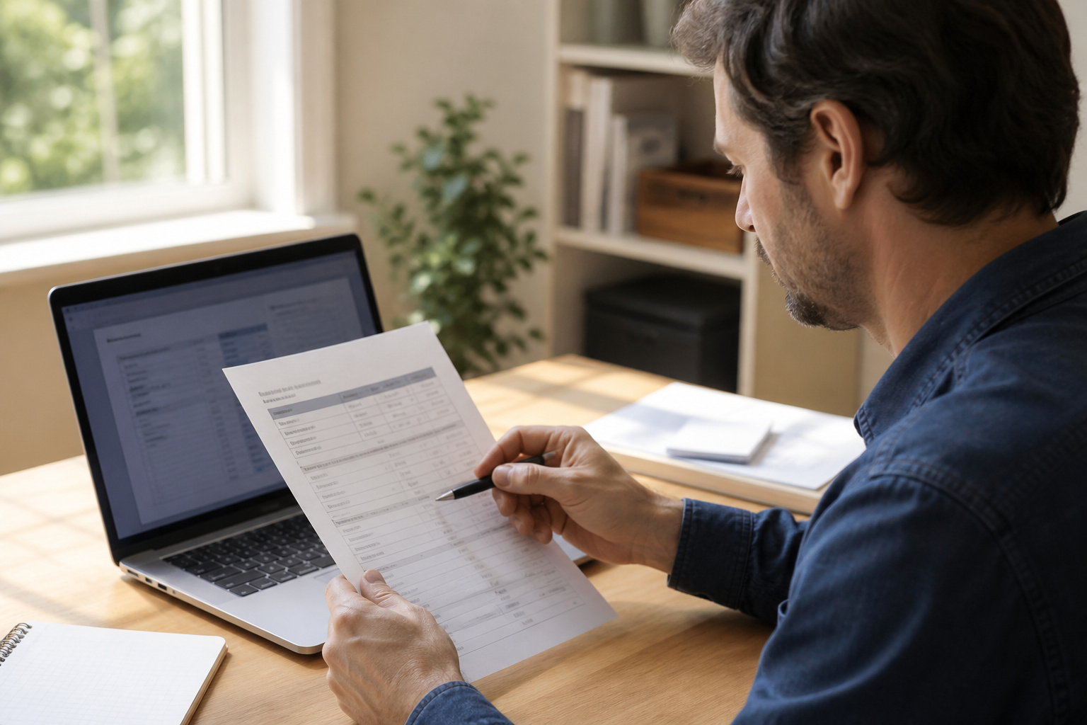Person comparing a laptop to a printed spec list