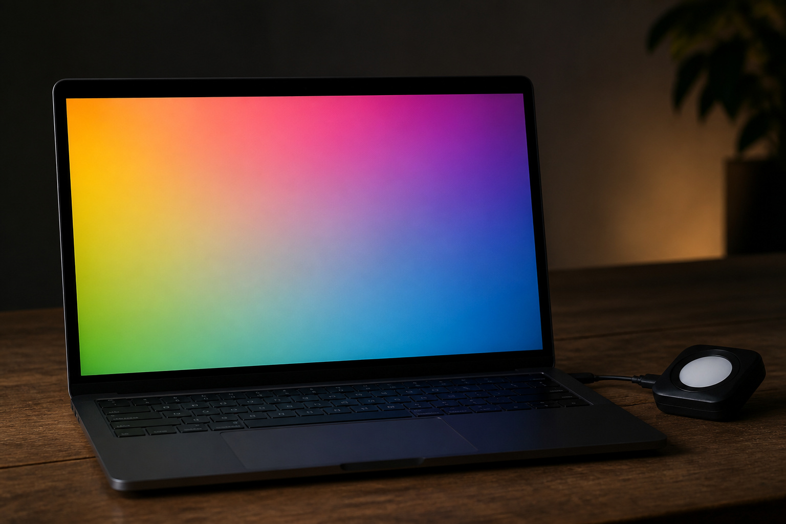 Laptop screen with a color calibration device beside it