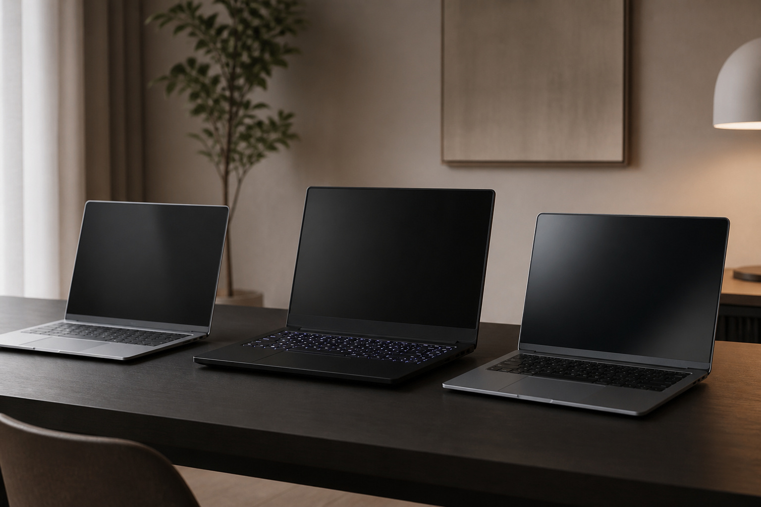 Three different laptops lined up on a desk