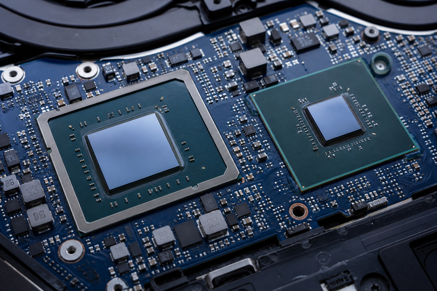 Laptop motherboard showing the processor and graphics chip