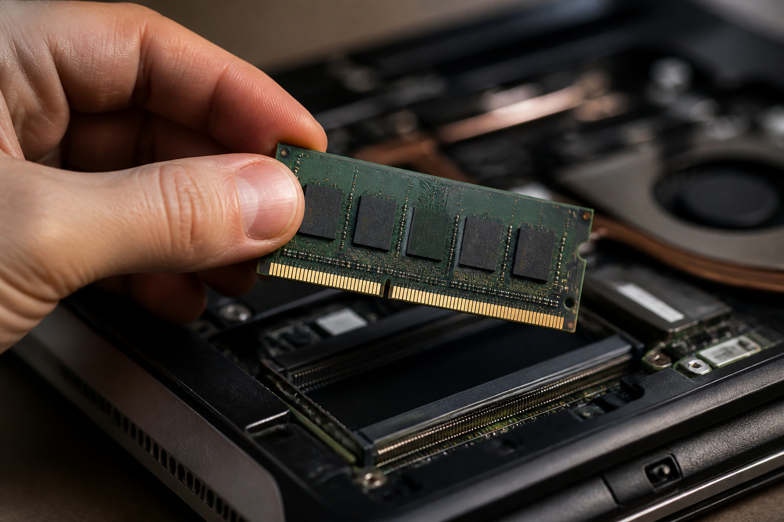 Hand holding a RAM module above an open laptop