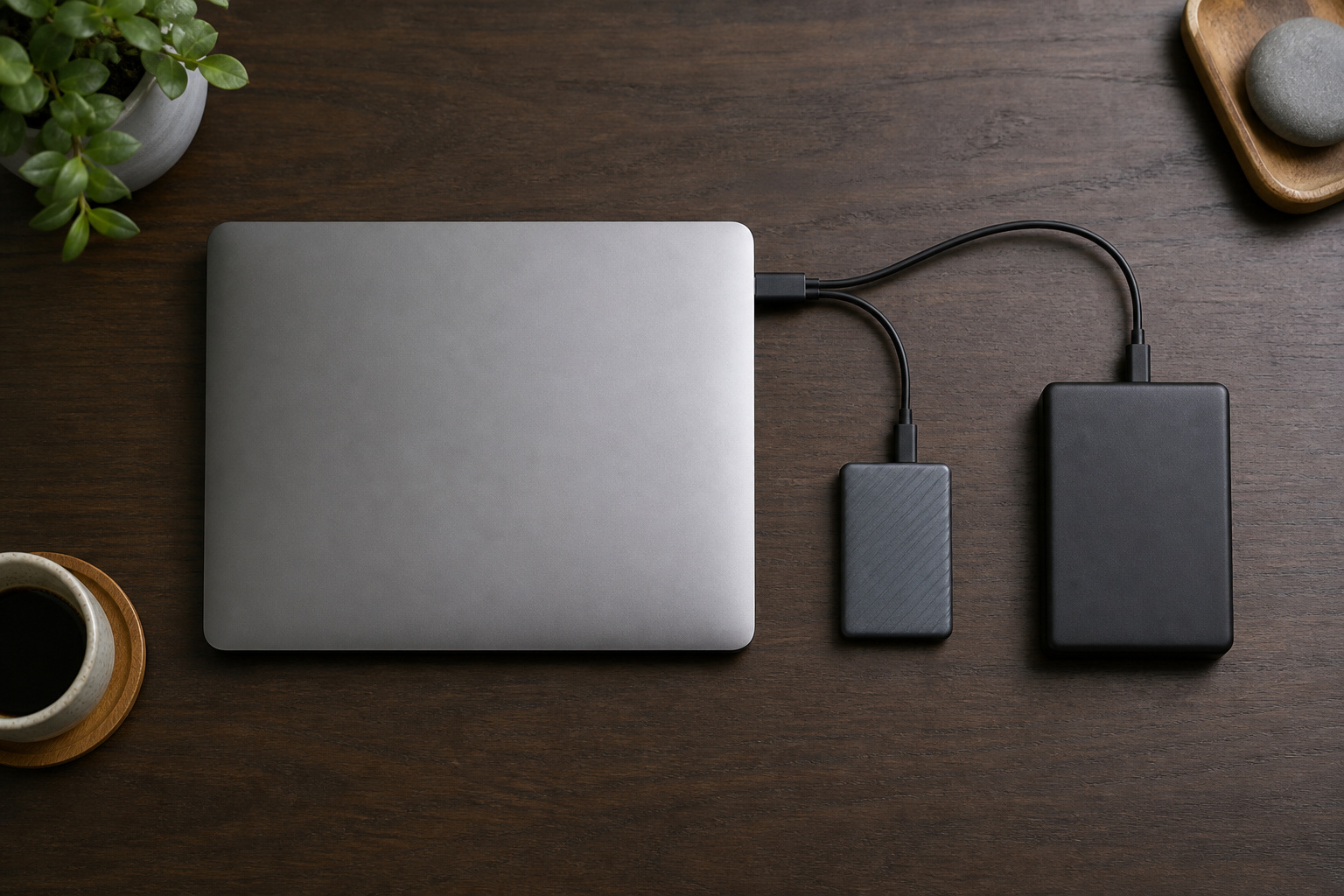 Laptop with an external SSD and a hard drive on a desk