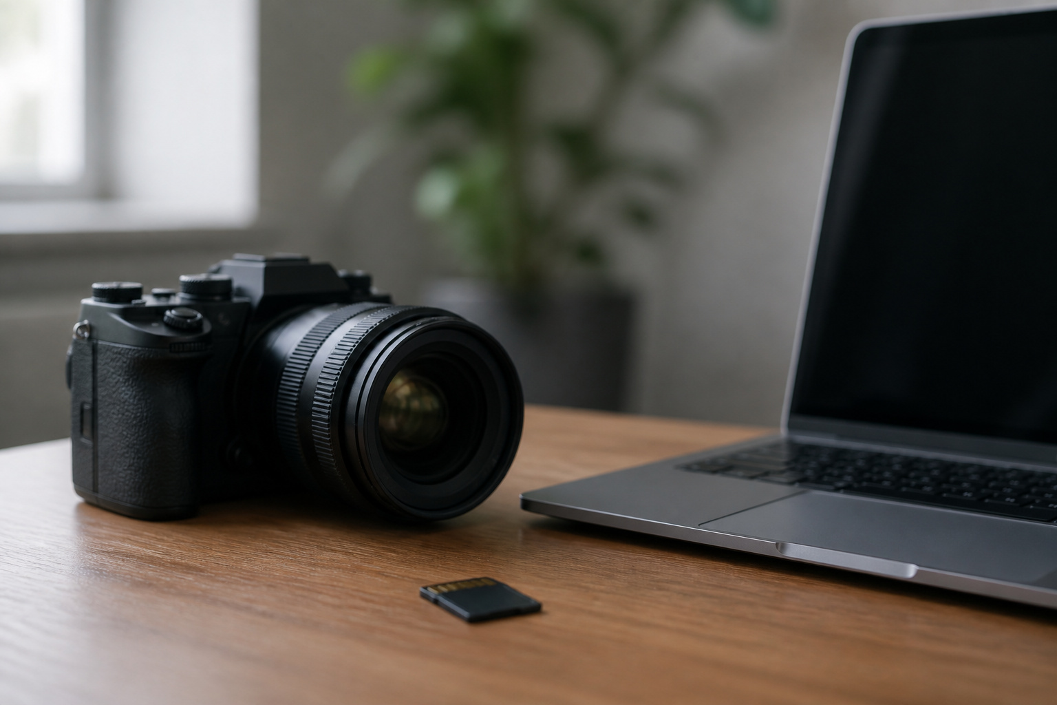 Camera, memory card, and laptop on a desk