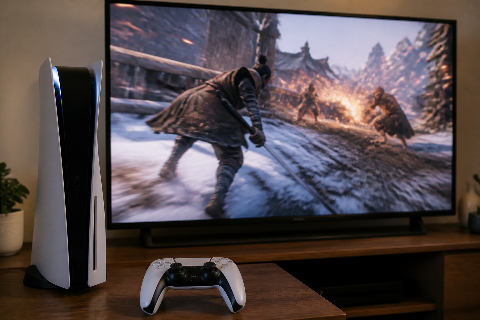 Gaming console and controller beside a TV