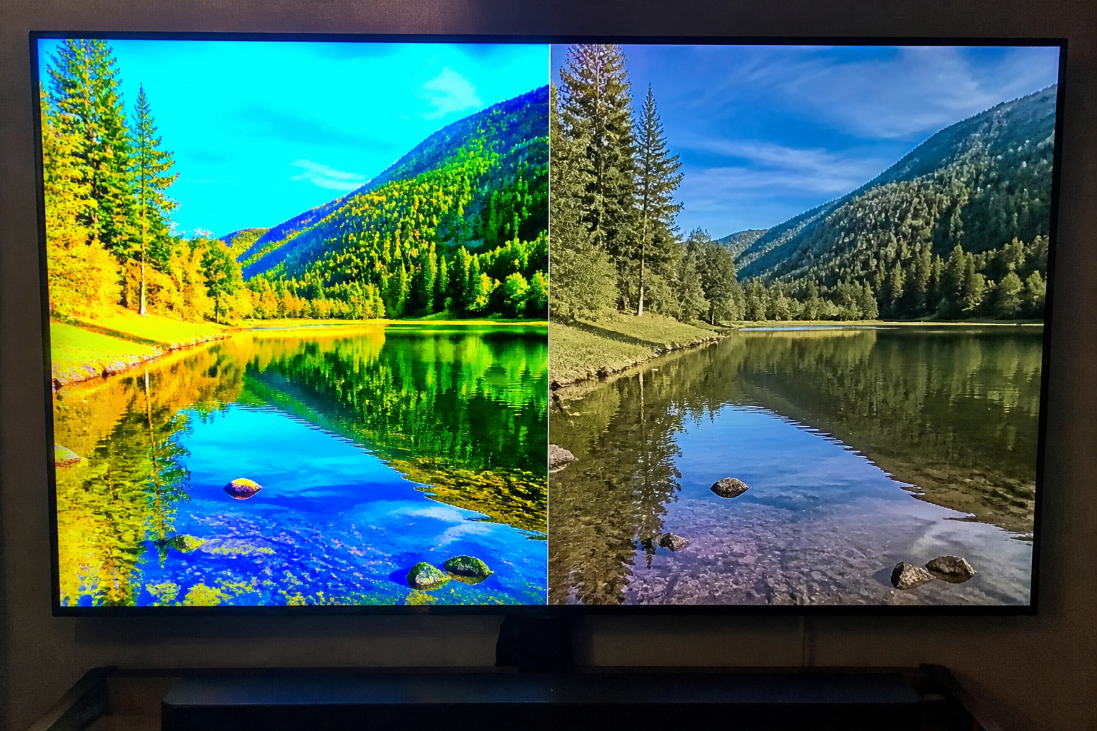 TV showing oversaturated versus natural picture modes