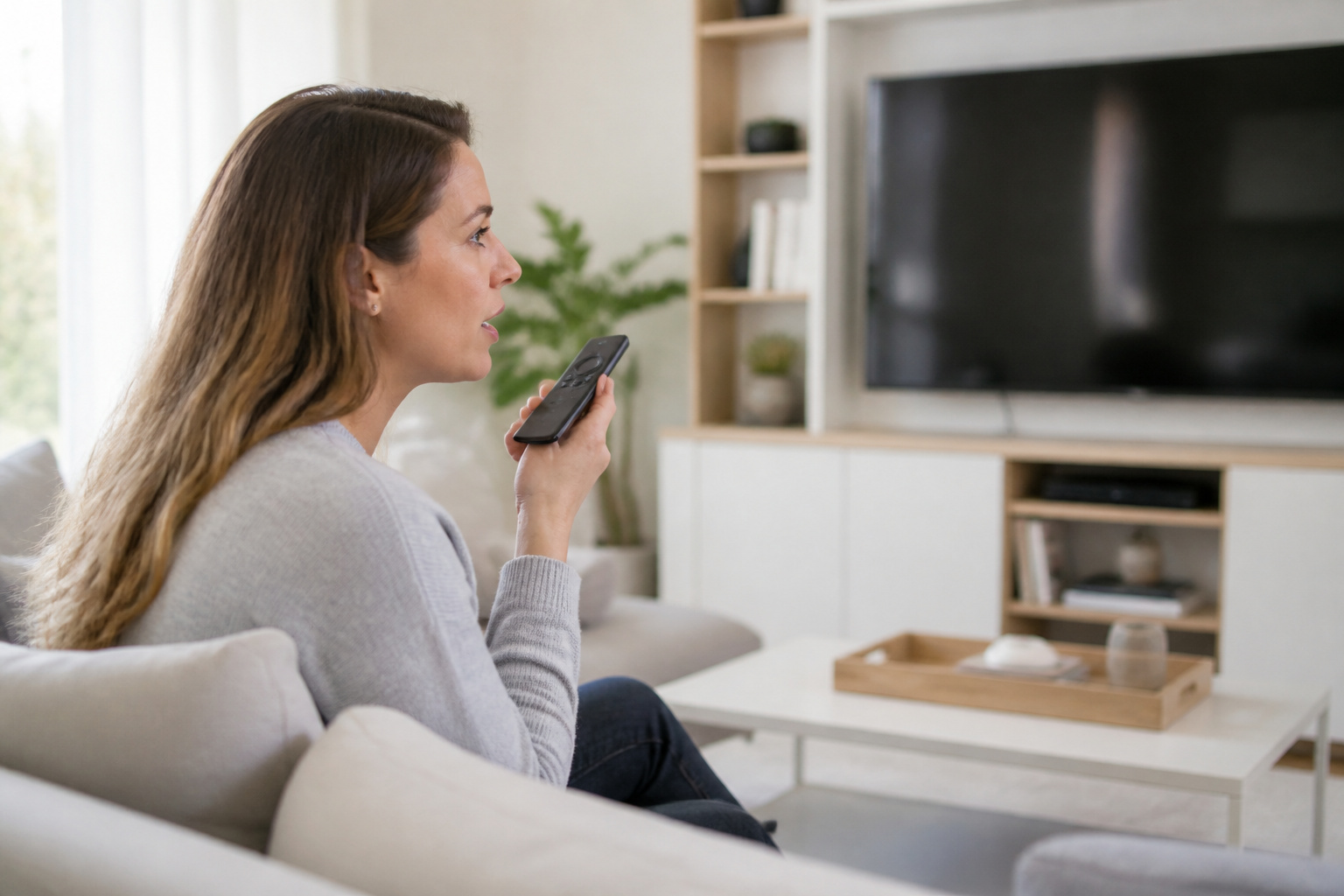 Person using a voice remote with a TV