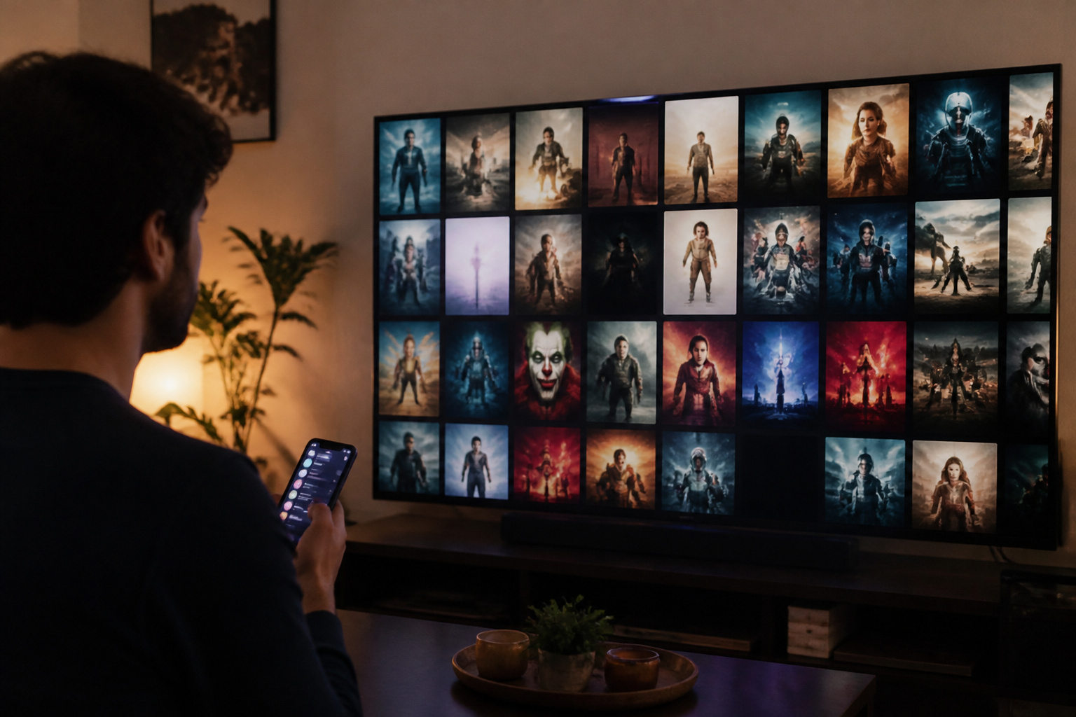 Person with a phone beside a TV showing recommendations