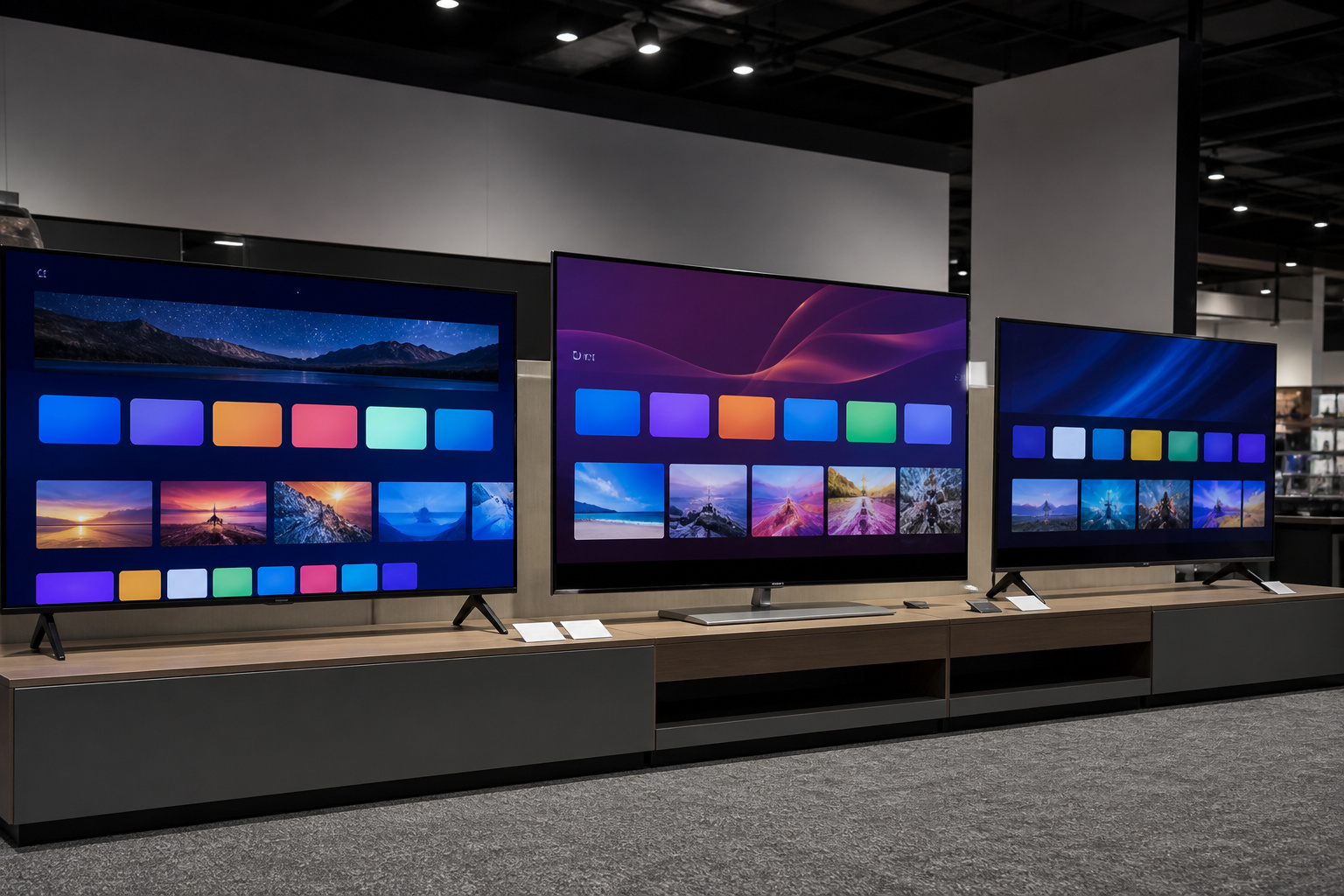 Three TV home screens side by side in a showroom