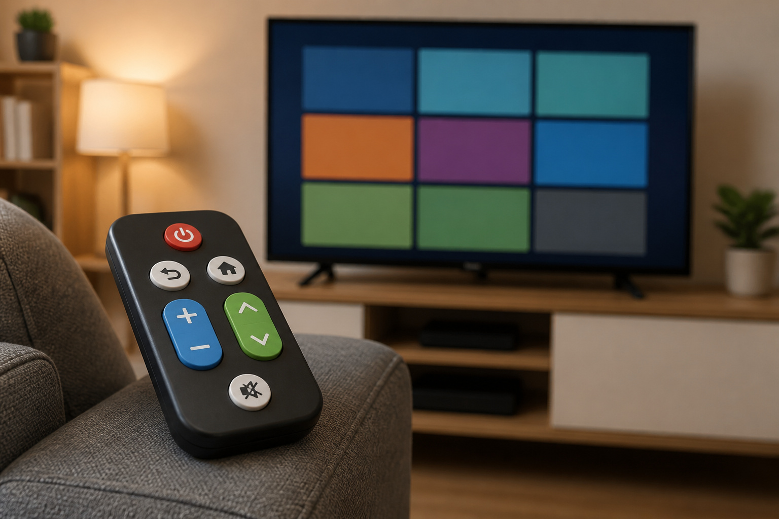 Simple TV remote on a sofa in front of a smart TV