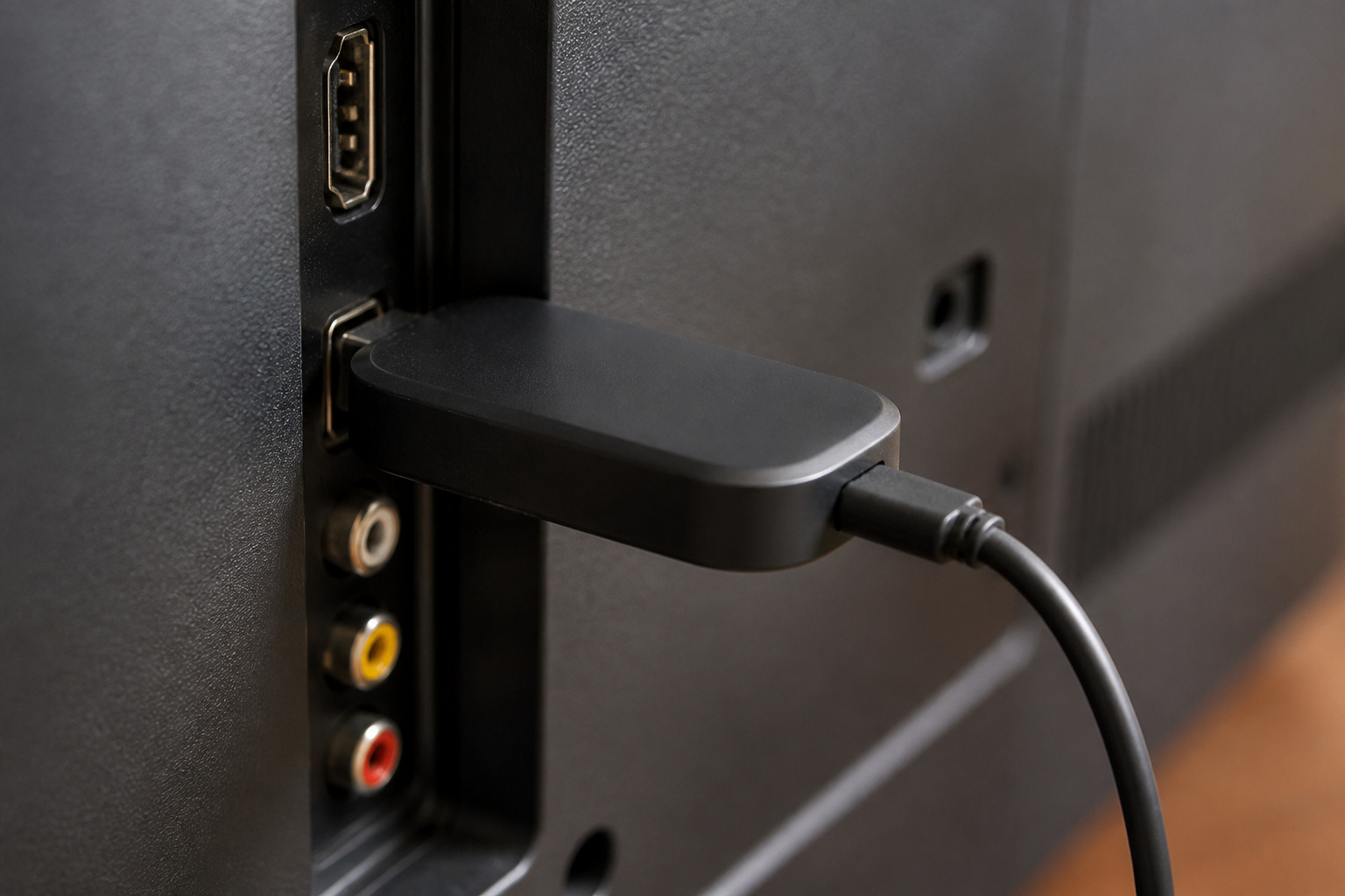 Streaming stick plugged into a TV HDMI port