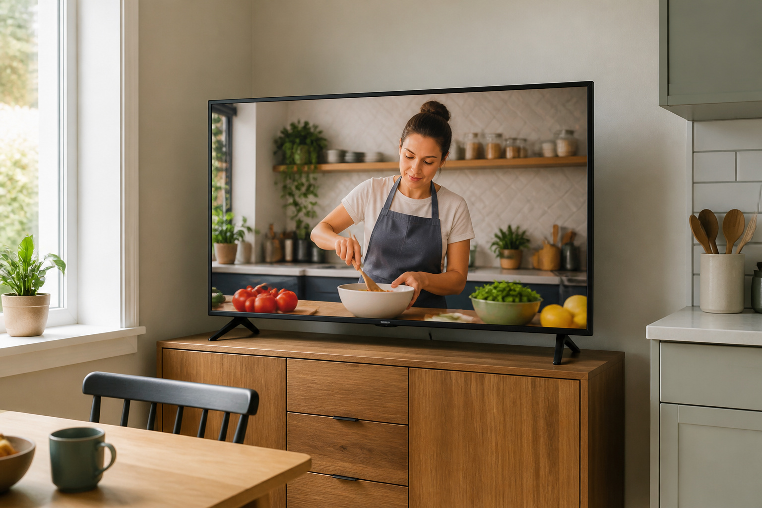 Budget 4K TV in a daylit kitchen nook