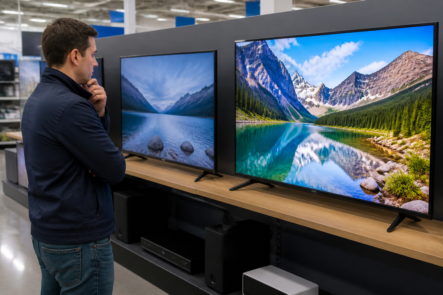 Shopper comparing budget and mid-range TVs in a store