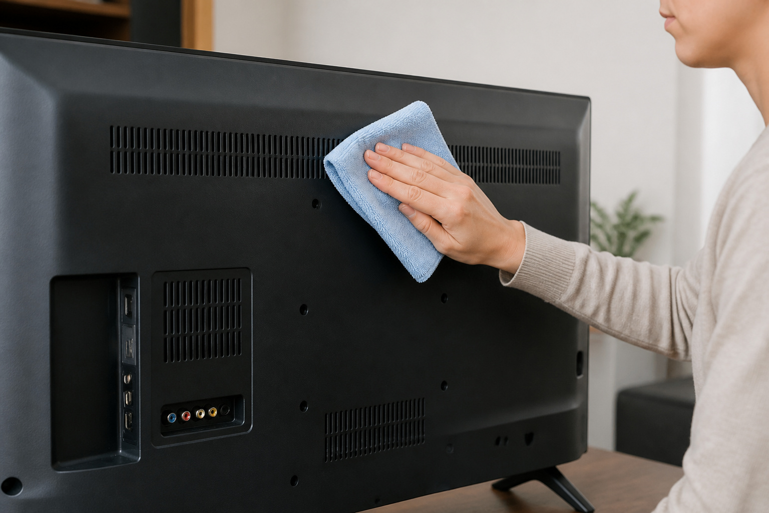 Person dusting the back vents of a TV