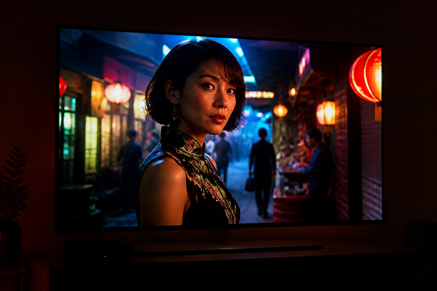 OLED TV in a dark room showing a colorful film
