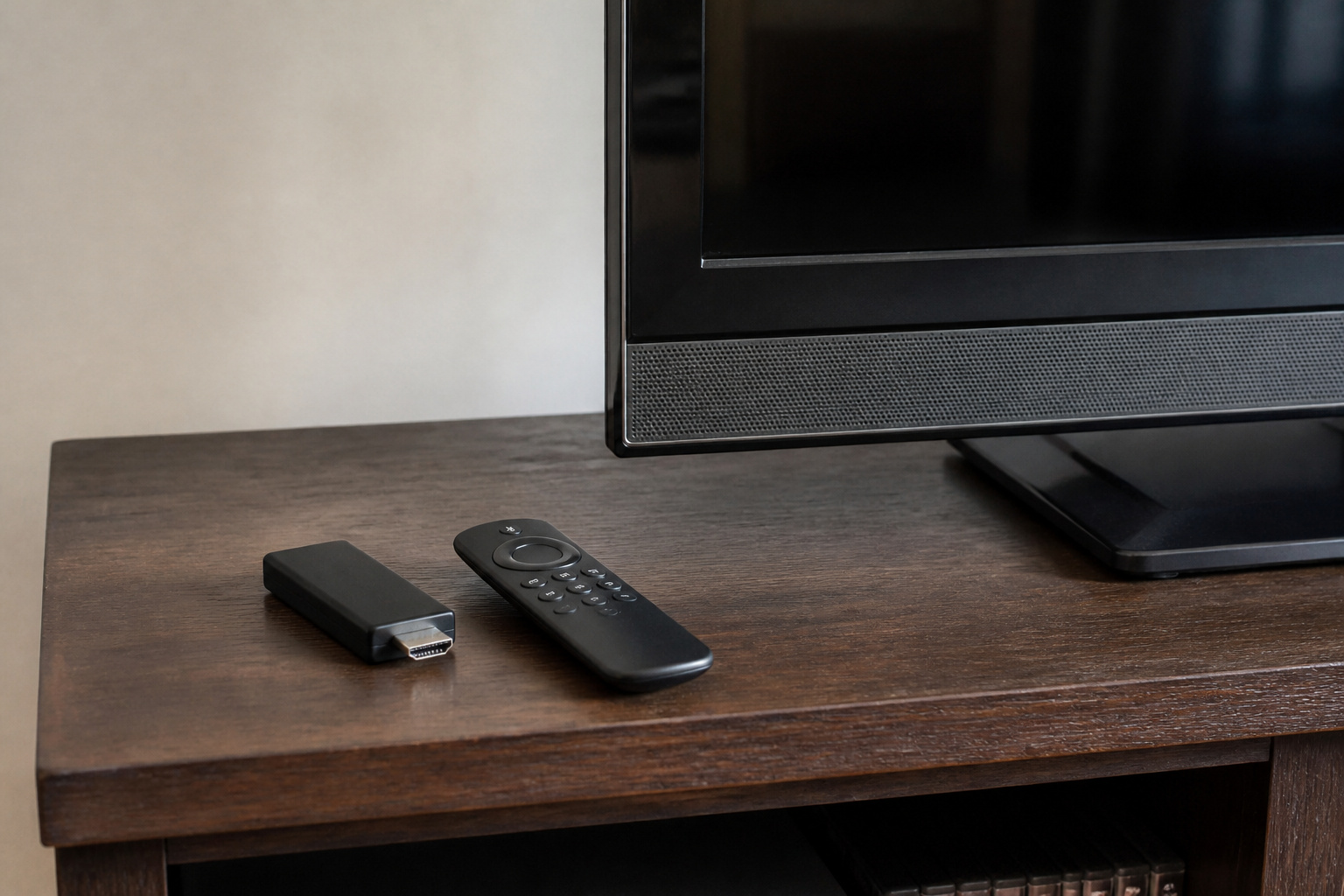 Streaming stick and remote beside an older smart TV