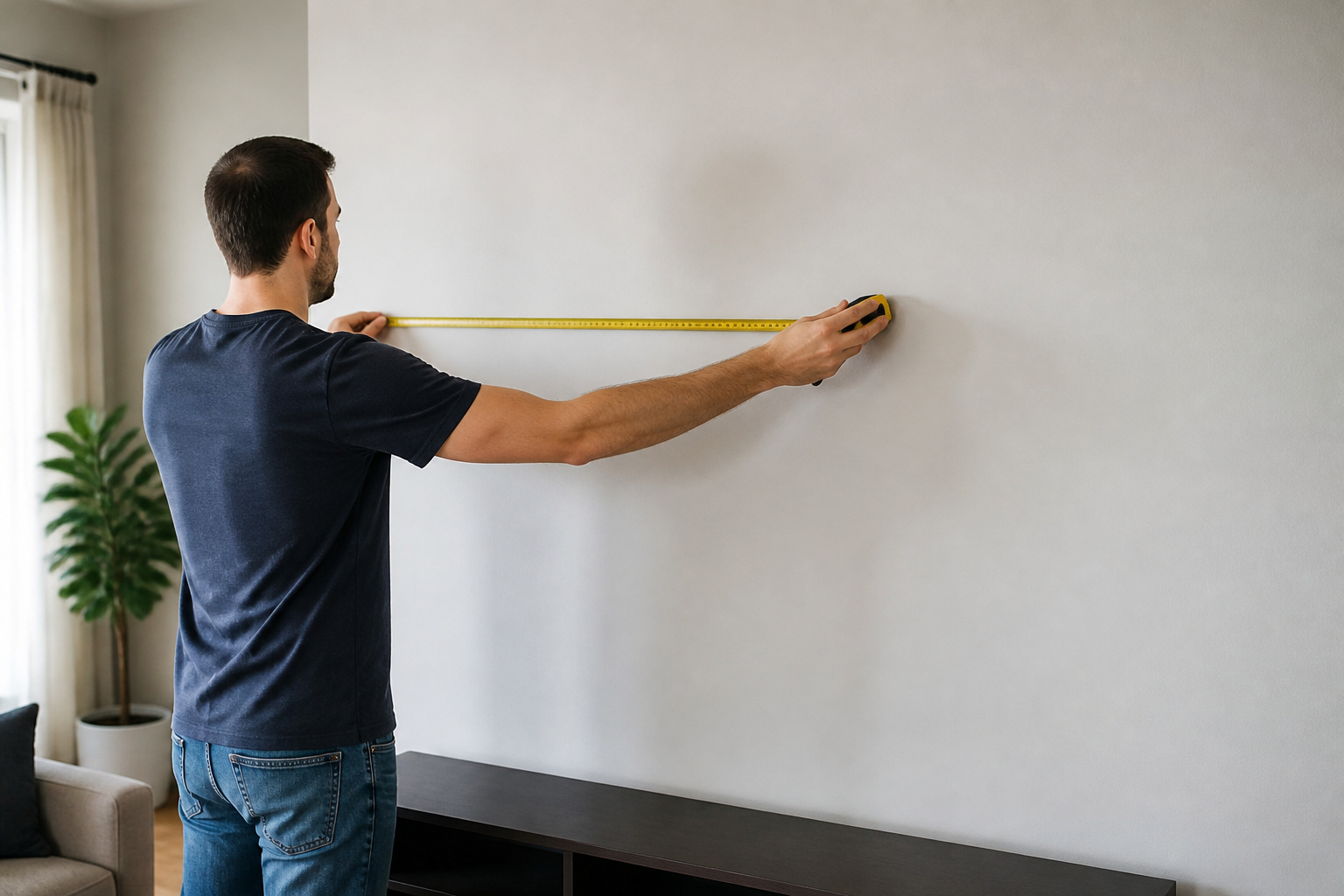 Person measuring a wall for a TV