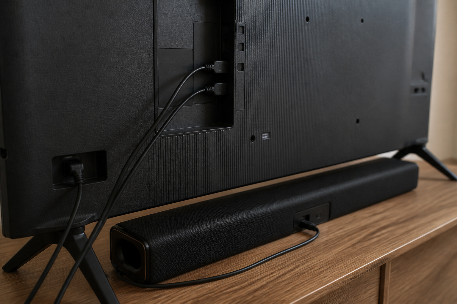 Back of a TV with HDMI cables and a soundbar