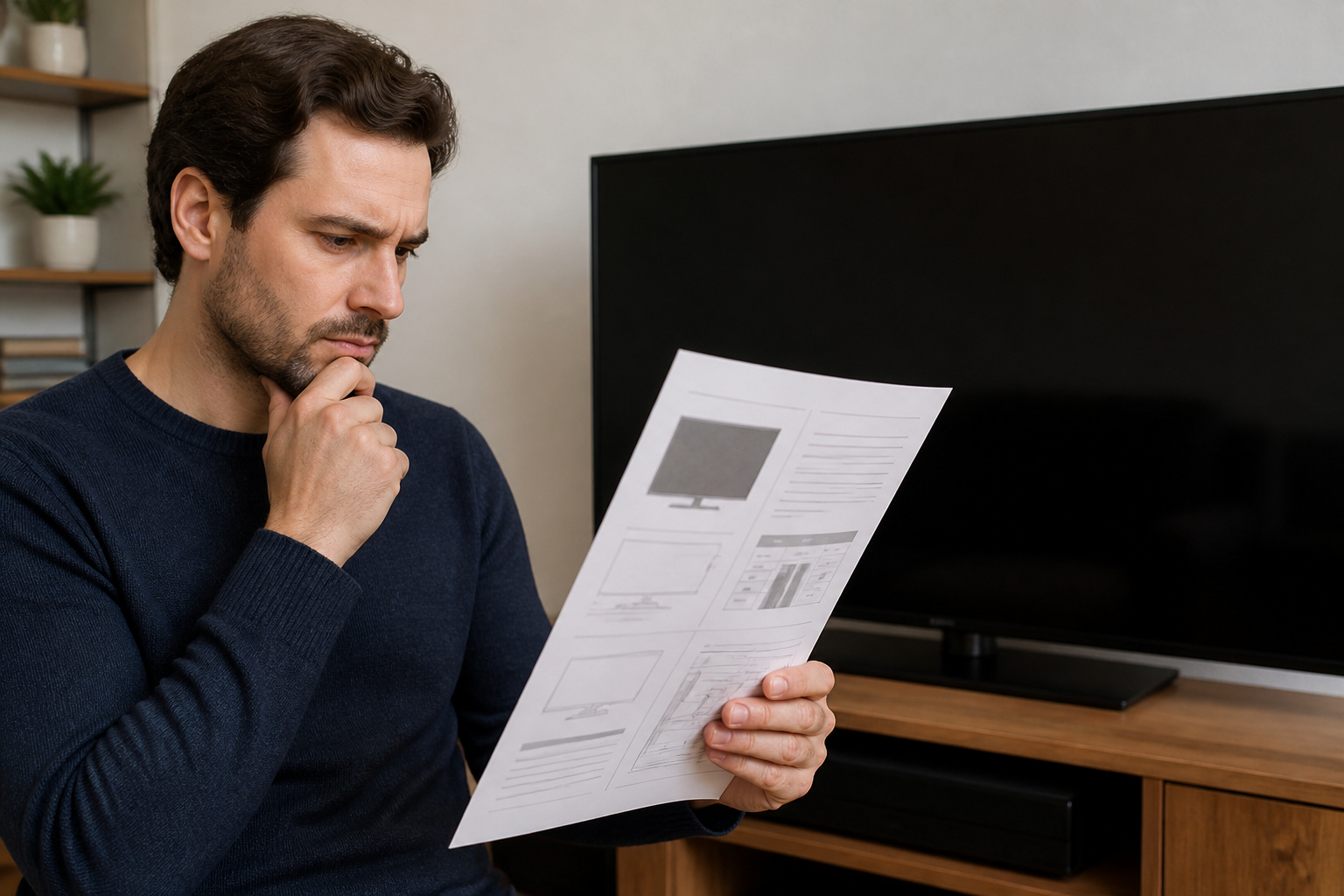 Shopper holding a spec sheet in front of a TV