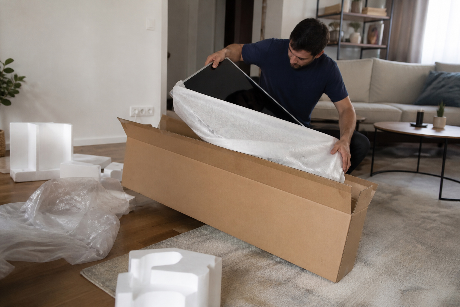 Person unboxing a new TV at home