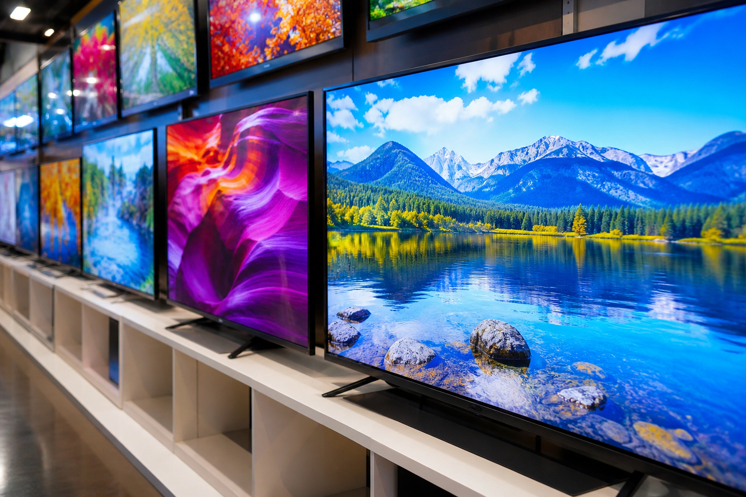 Bright vivid TVs in a showroom under store lighting