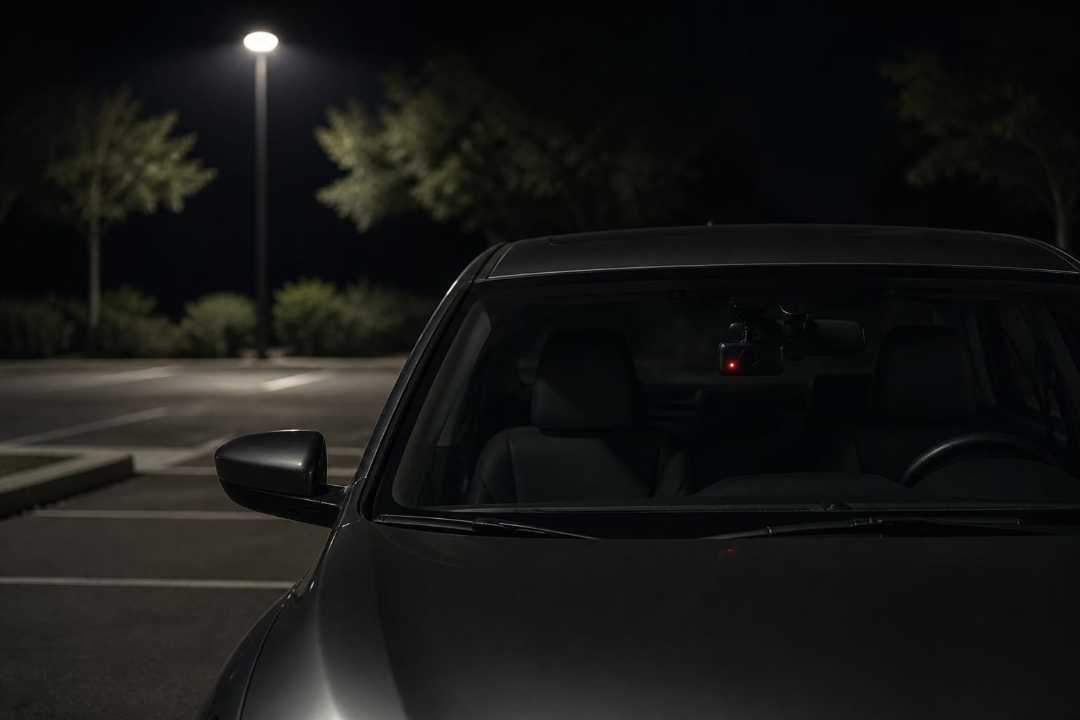 Parked car at night with a dash cam's recording light glowing behind the windshield